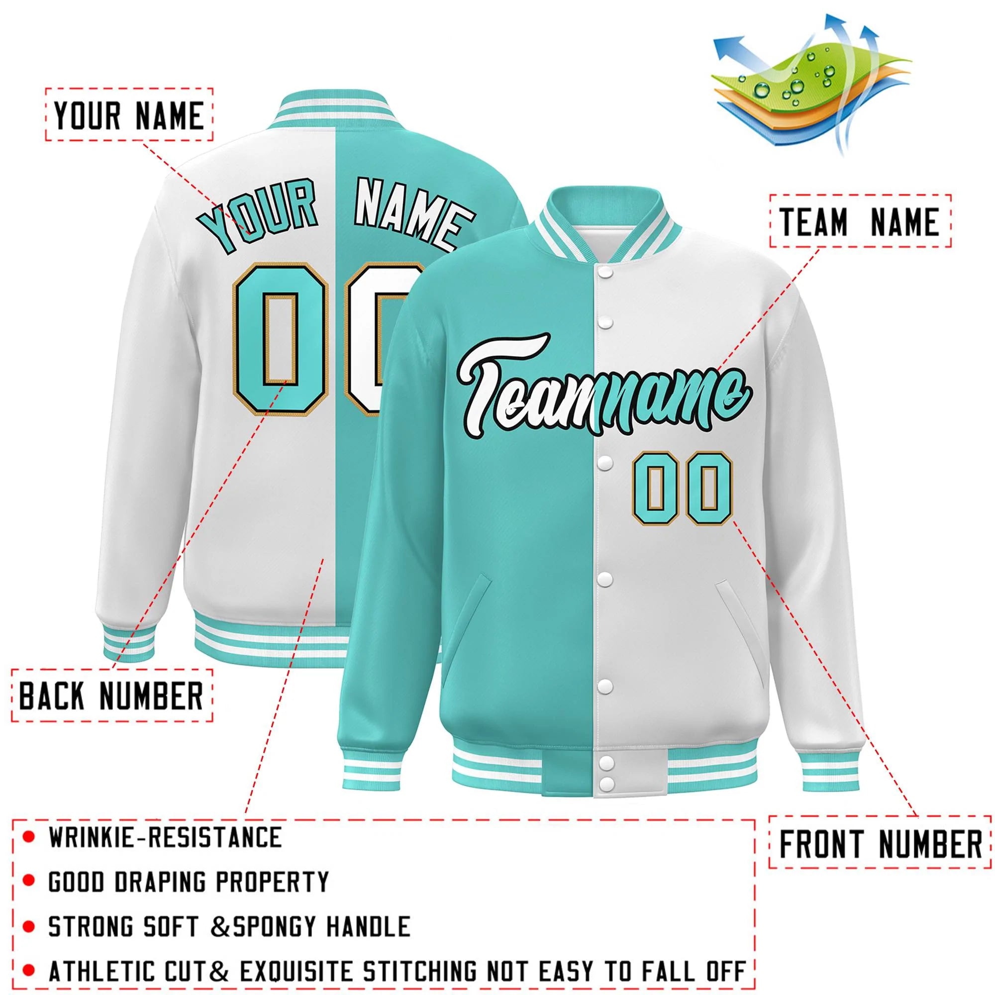 Custom White Aqua-Black Letterman Two Tone Split Fashion Varsity Full-Snap Jacket