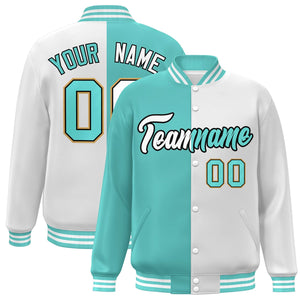 Custom White Aqua-Black Letterman Two Tone Split Fashion Varsity Full-Snap Jacket