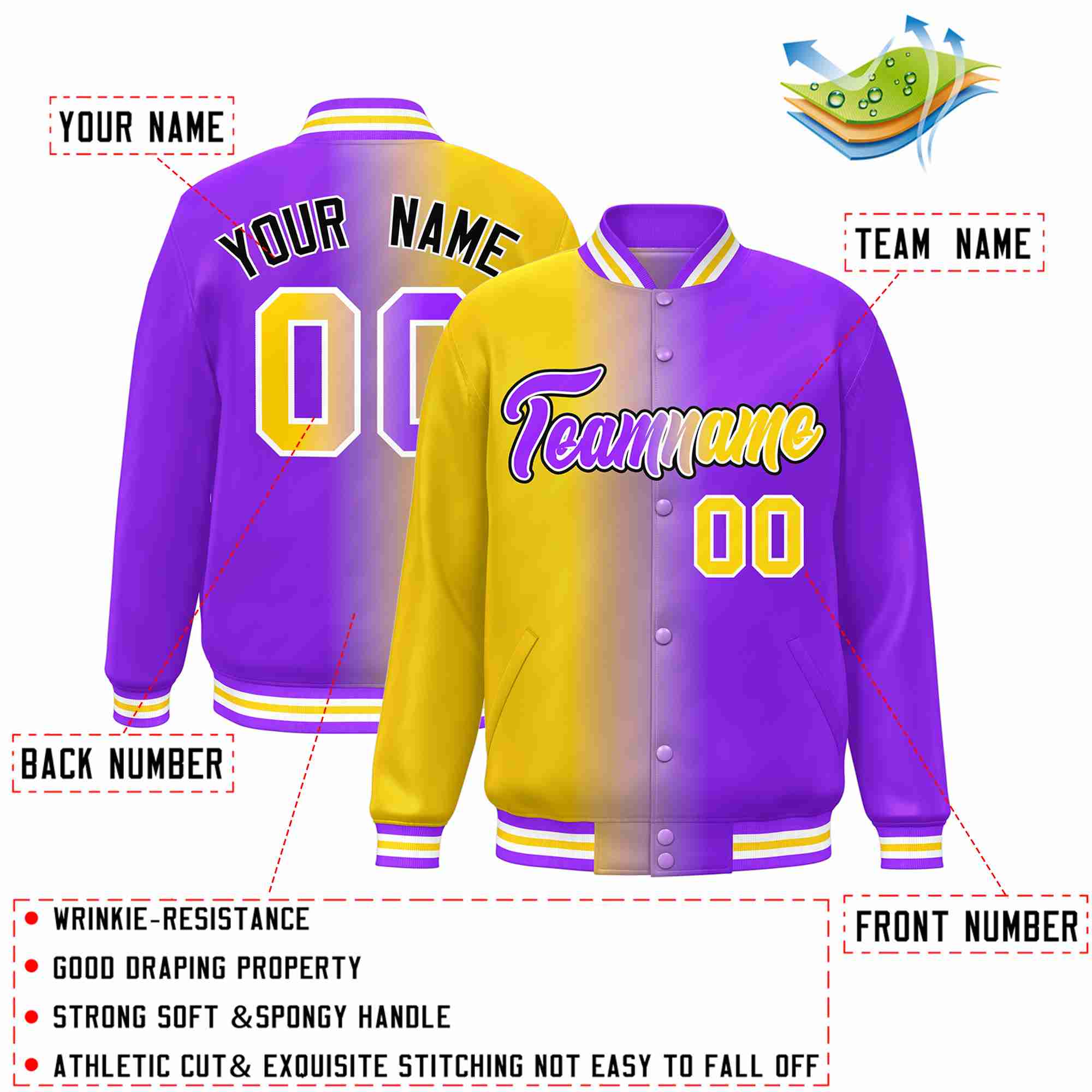 Custom Yellow Purple-White Gradient Fashion Letterman Bomber Varsity Jacket