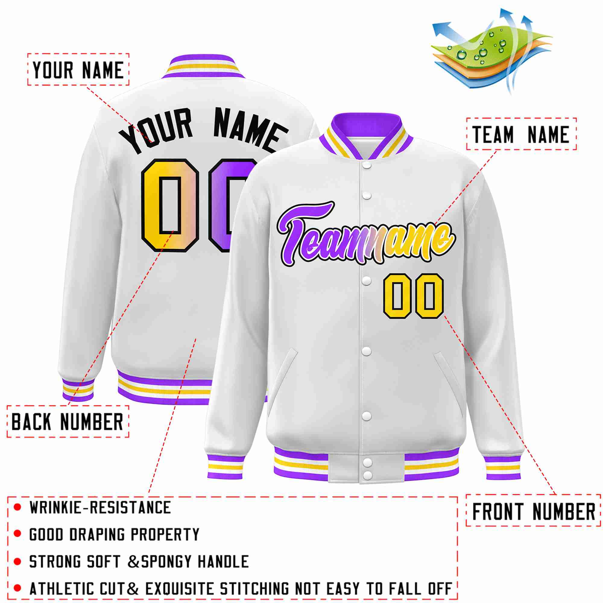 Custom White Purple-White Gradient Fashion Letterman Bomber Varsity Jacket