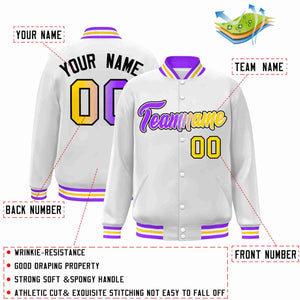 Custom White Purple-White Gradient Fashion Letterman Bomber Varsity Jacket