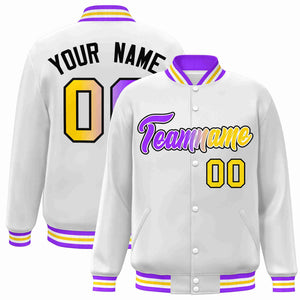 Custom White Purple-White Gradient Fashion Letterman Bomber Varsity Jacket