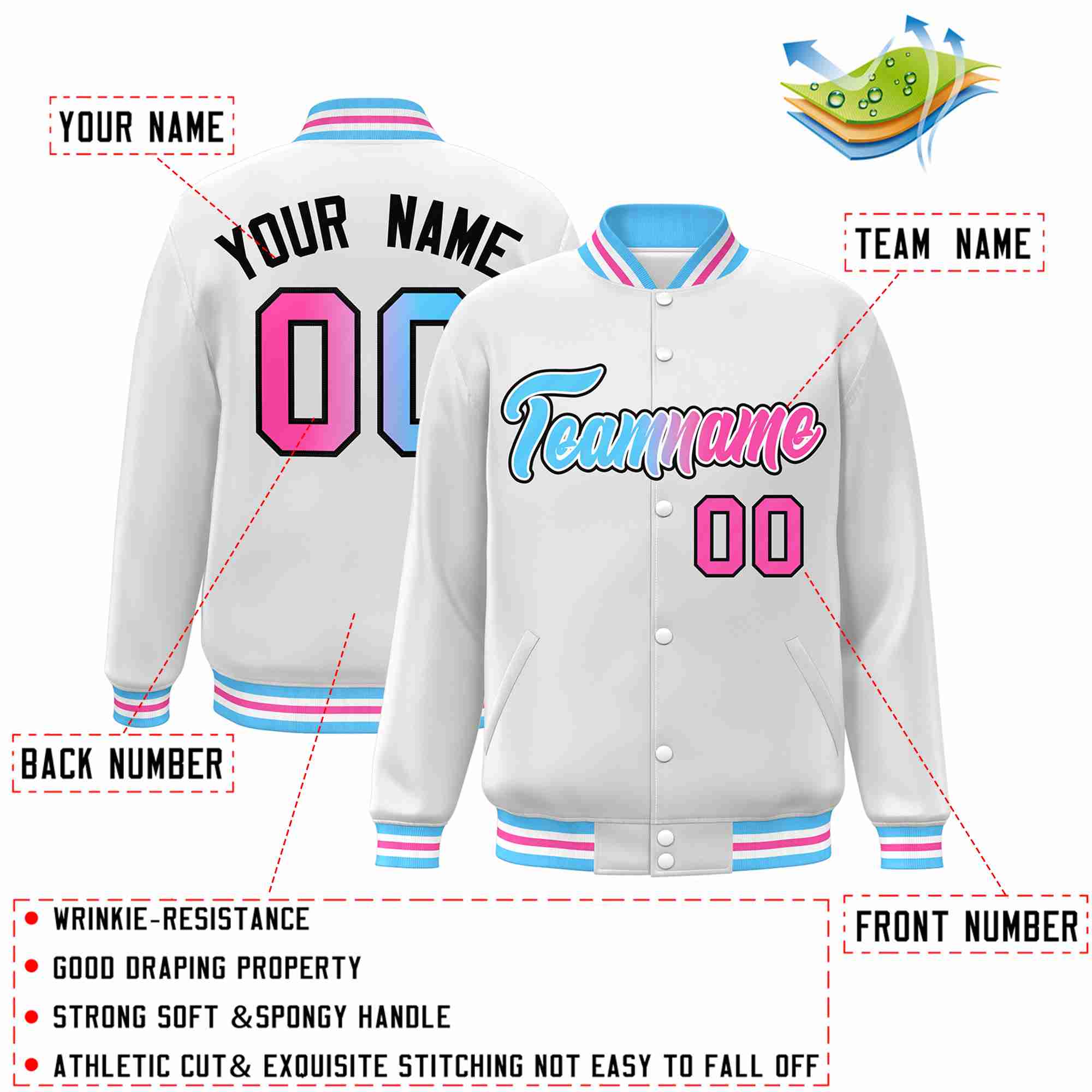 Custom White Powder Blue-White Gradient Fashion Letterman Bomber Varsity Jacket