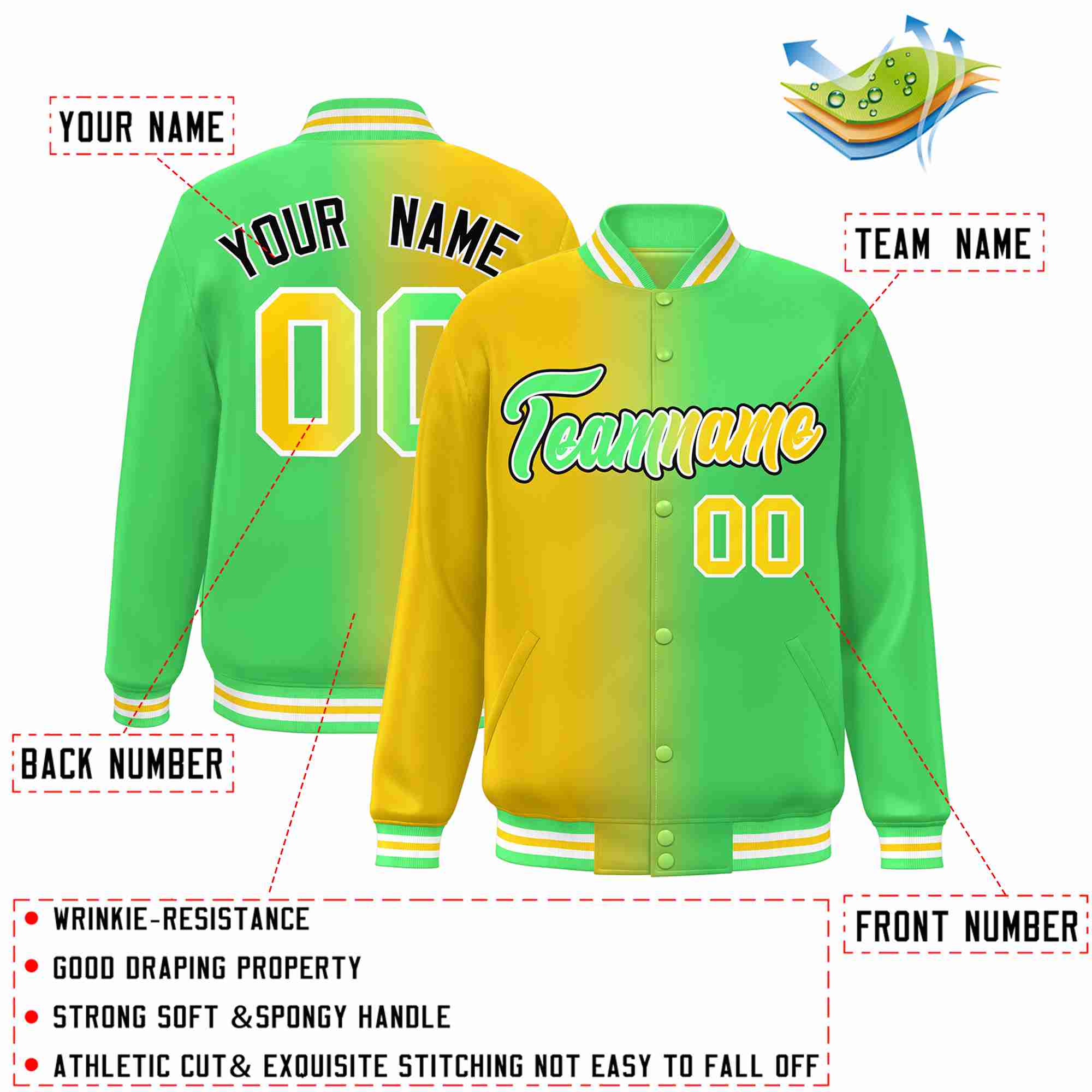 Custom Yellow Neon Green-White Gradient Fashion Letterman Bomber Varsity Jacket