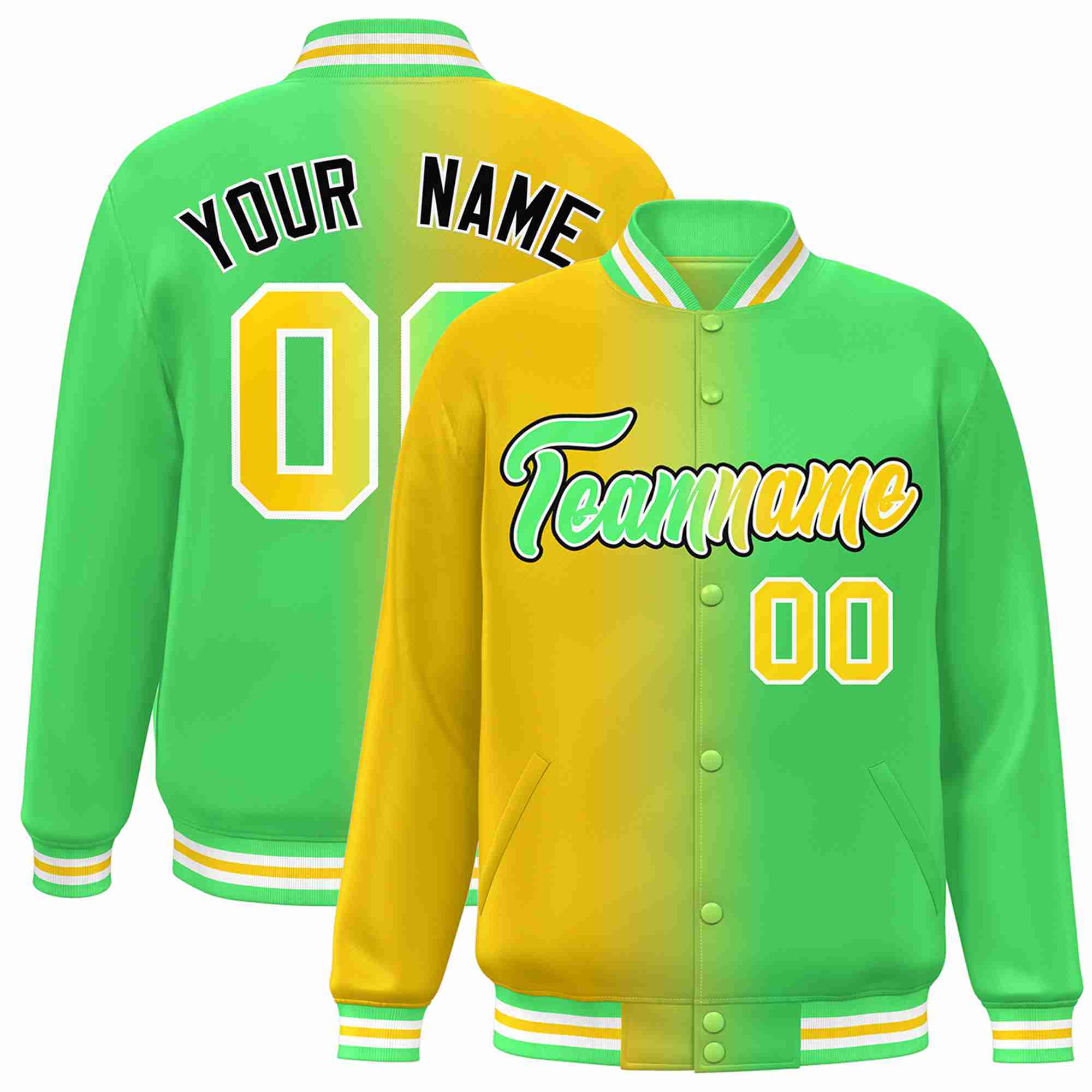 Veste Varsity Bomber Letterman Jaune Néon Vert-Blanc Dégradé Personnalisé