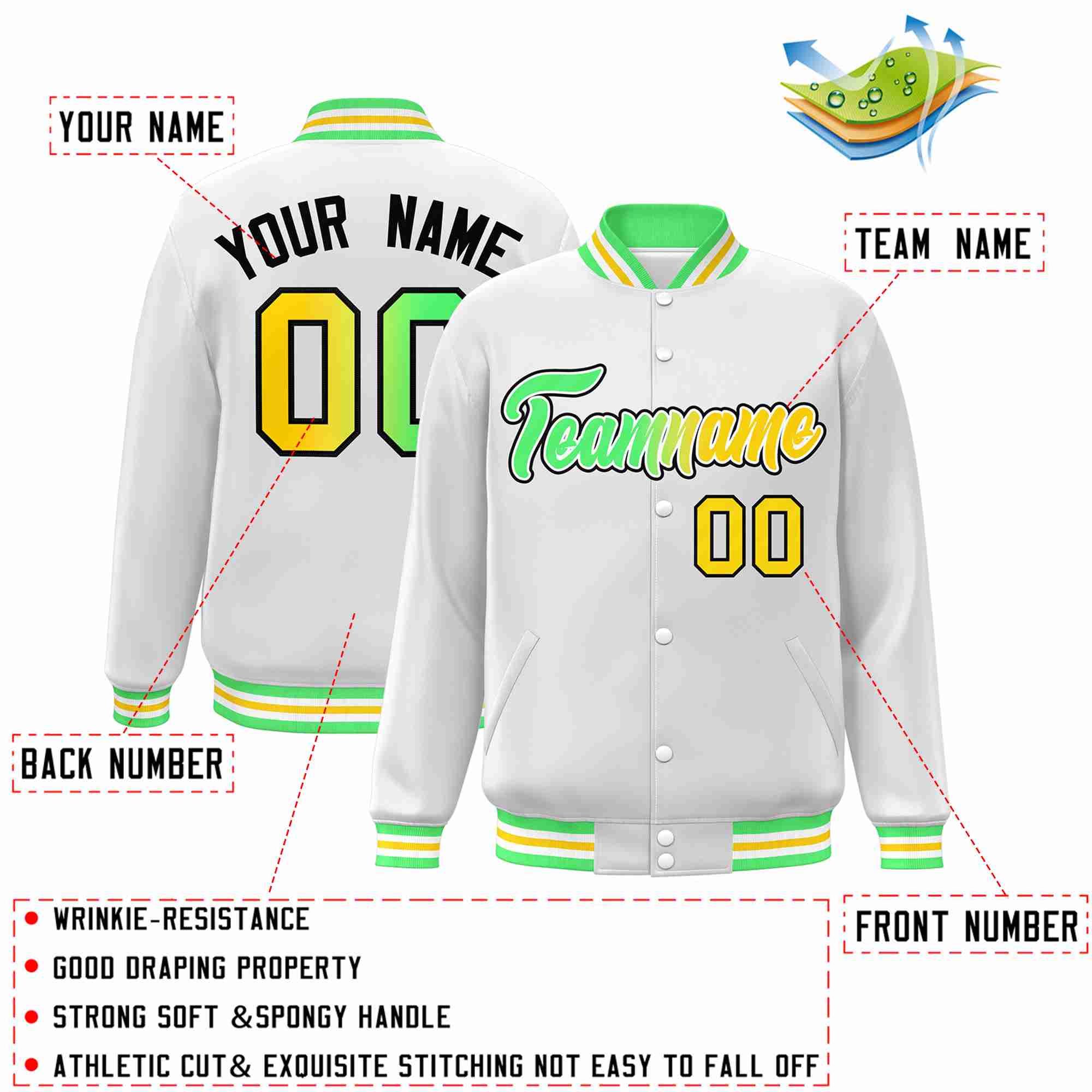 Custom White Green-White Gradient Fashion Letterman Bomber Varsity Jacket