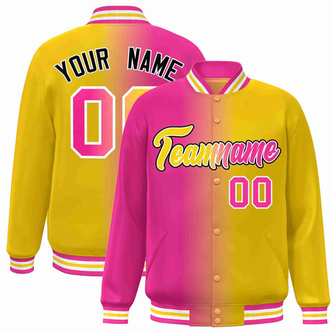 Custom Pink Yellow-White Gradient Fashion Letterman Bomber Varsity Jacket