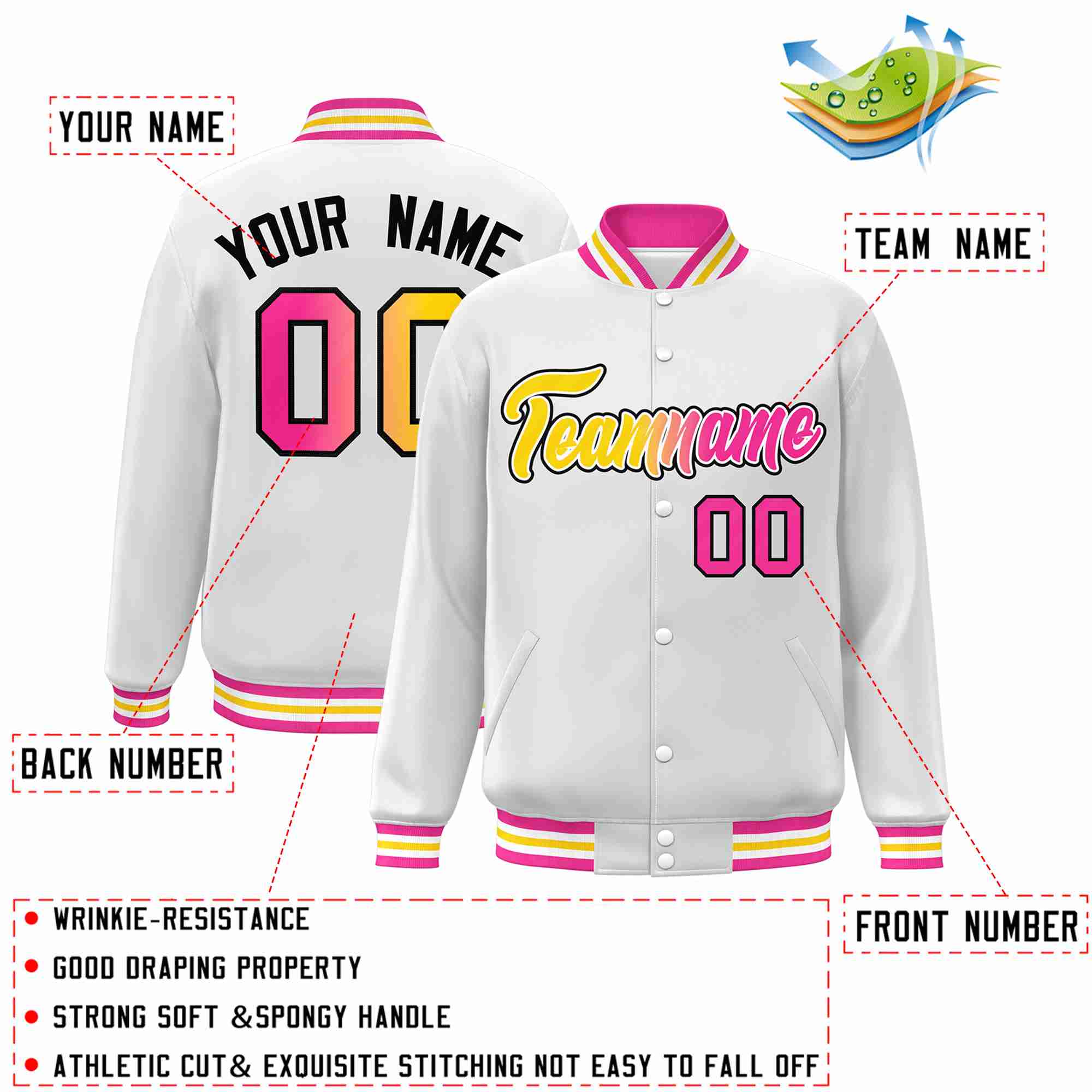 Custom White Yellow-White Gradient Fashion Letterman Bomber Varsity Jacket