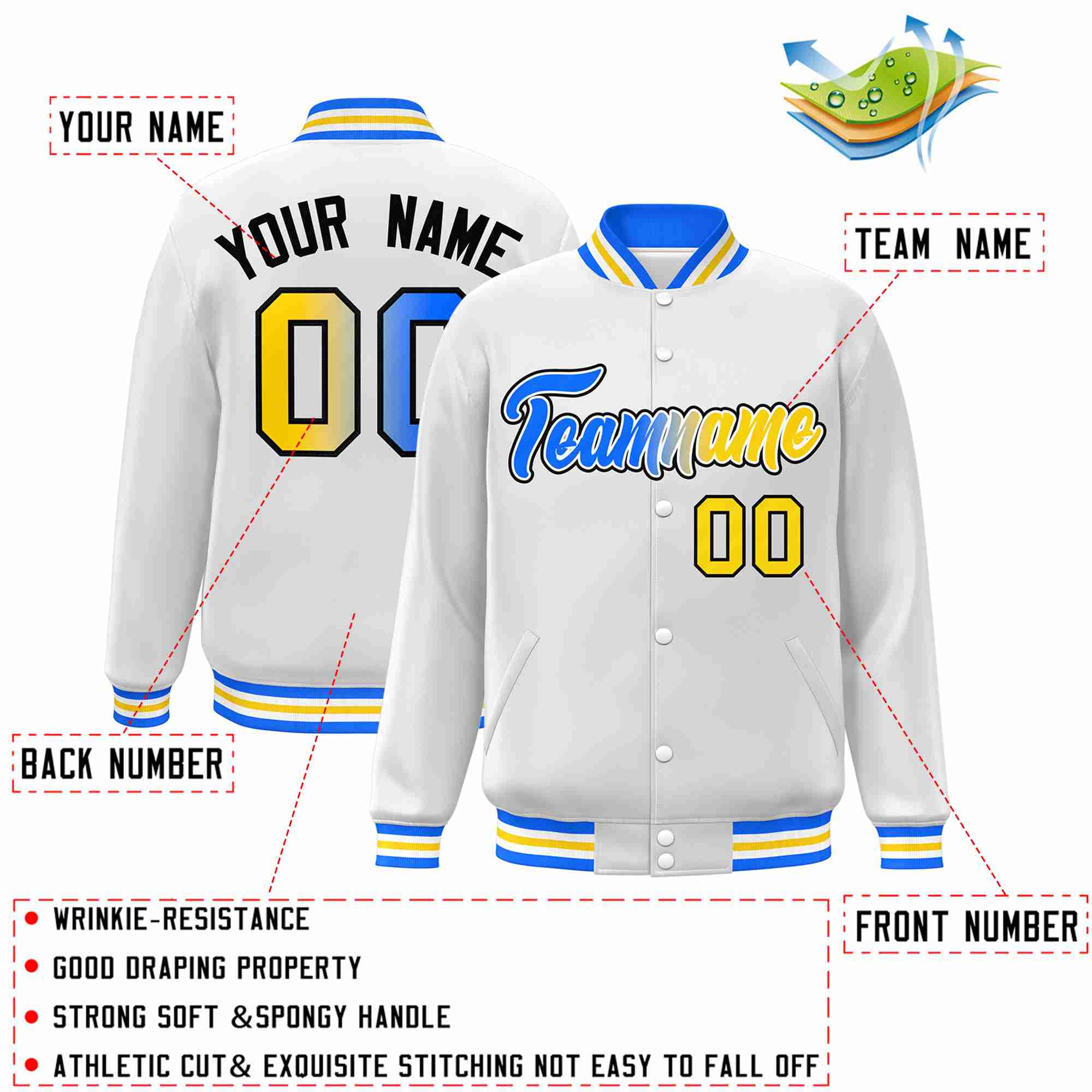 Custom White Yellow-White Gradient Fashion Letterman Bomber Varsity Jacket