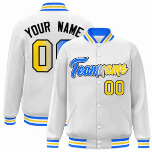 Custom White Yellow-White Gradient Fashion Letterman Bomber Varsity Jacket