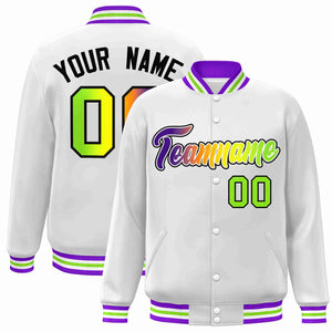 Custom White Purple-White Gradient Fashion Letterman Bomber Varsity Jacket