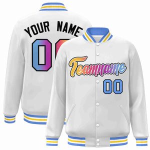 Custom White Yellow-White Gradient Fashion Letterman Bomber Varsity Jacket