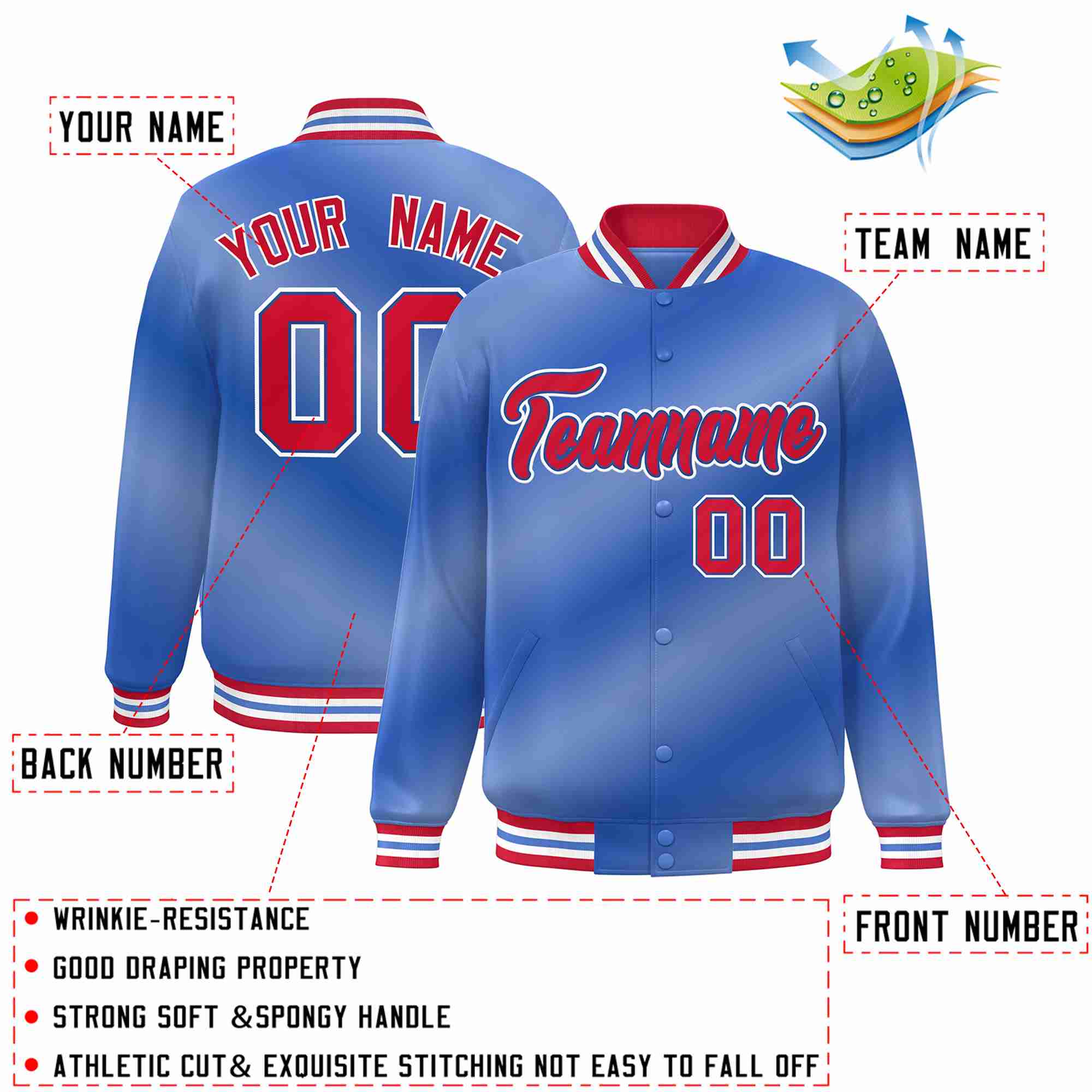 Custom Light Blue Red-Royal Gradient Fashion Letterman Bomber Varsity Jacket