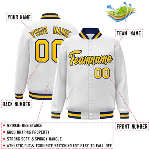 Custom White Gold-Navy Classic Style Varsity Full-Snap Letterman Jacket