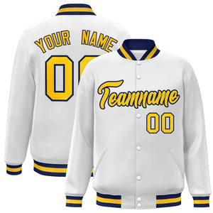 Custom White Gold-Navy Classic Style Varsity Full-Snap Letterman Jacket