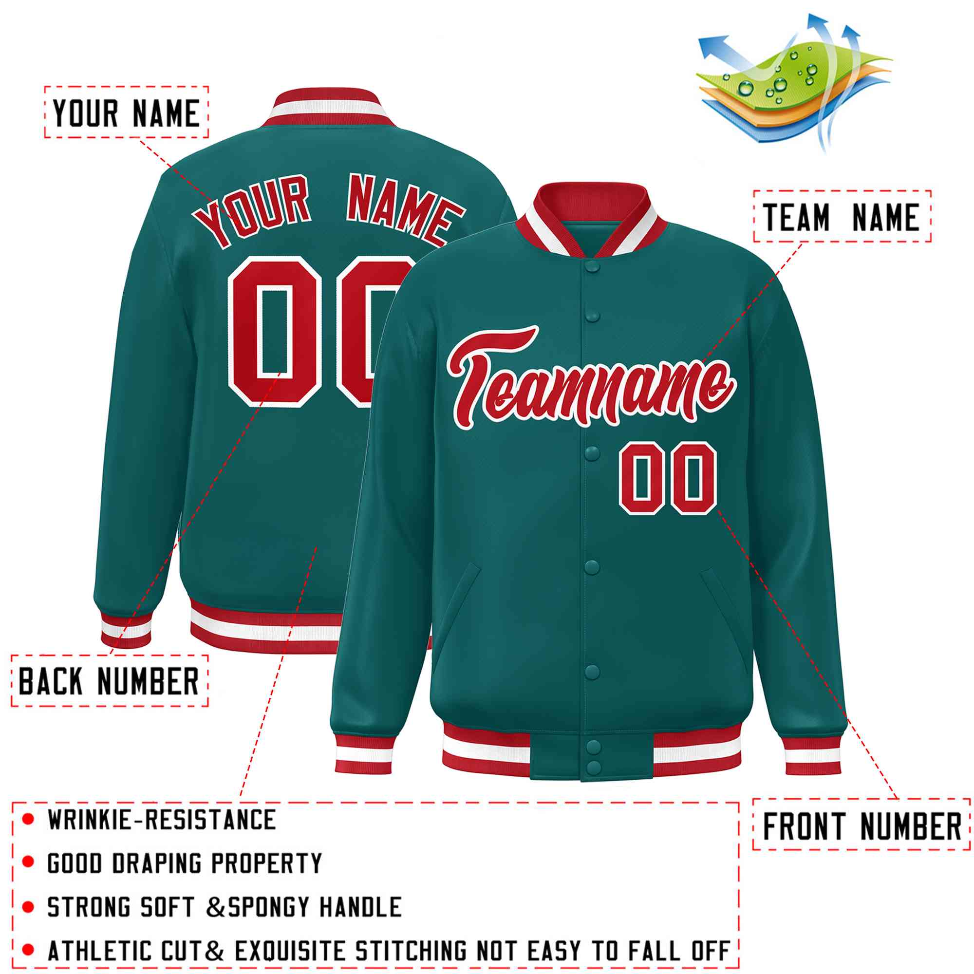 Custom Aqua Red-White Classic Style Varsity Full-Snap Letterman Jacket