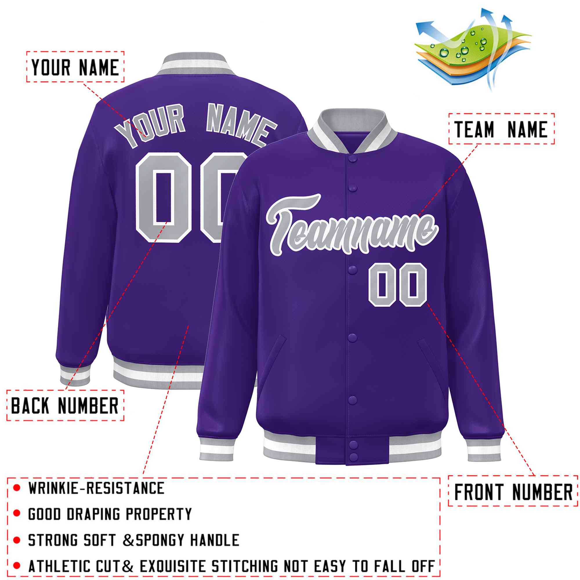 Custom Purple Gray-White Classic Style Varsity Full-Snap Letterman Jacket