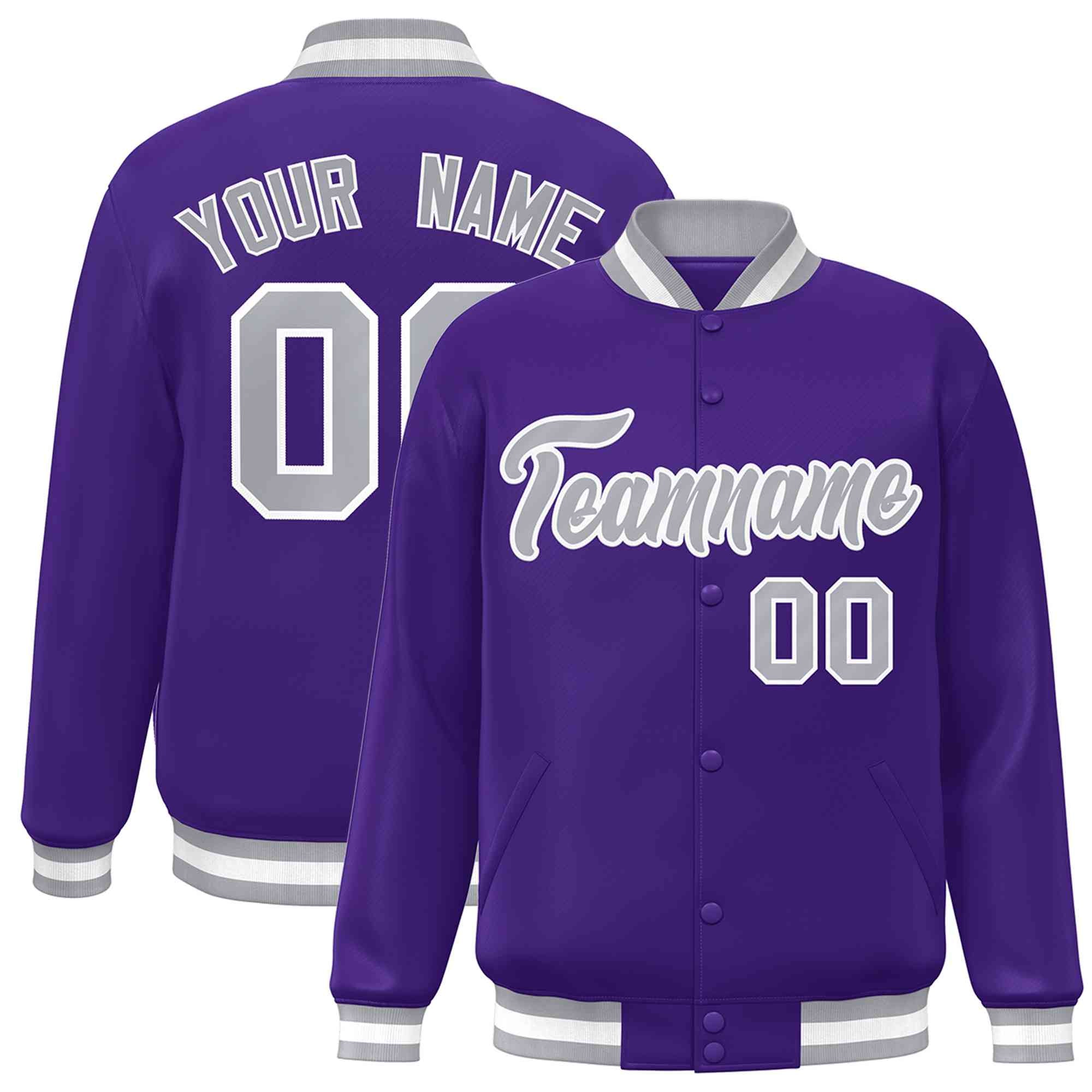 Custom Purple Gray-White Classic Style Varsity Full-Snap Letterman Jacket