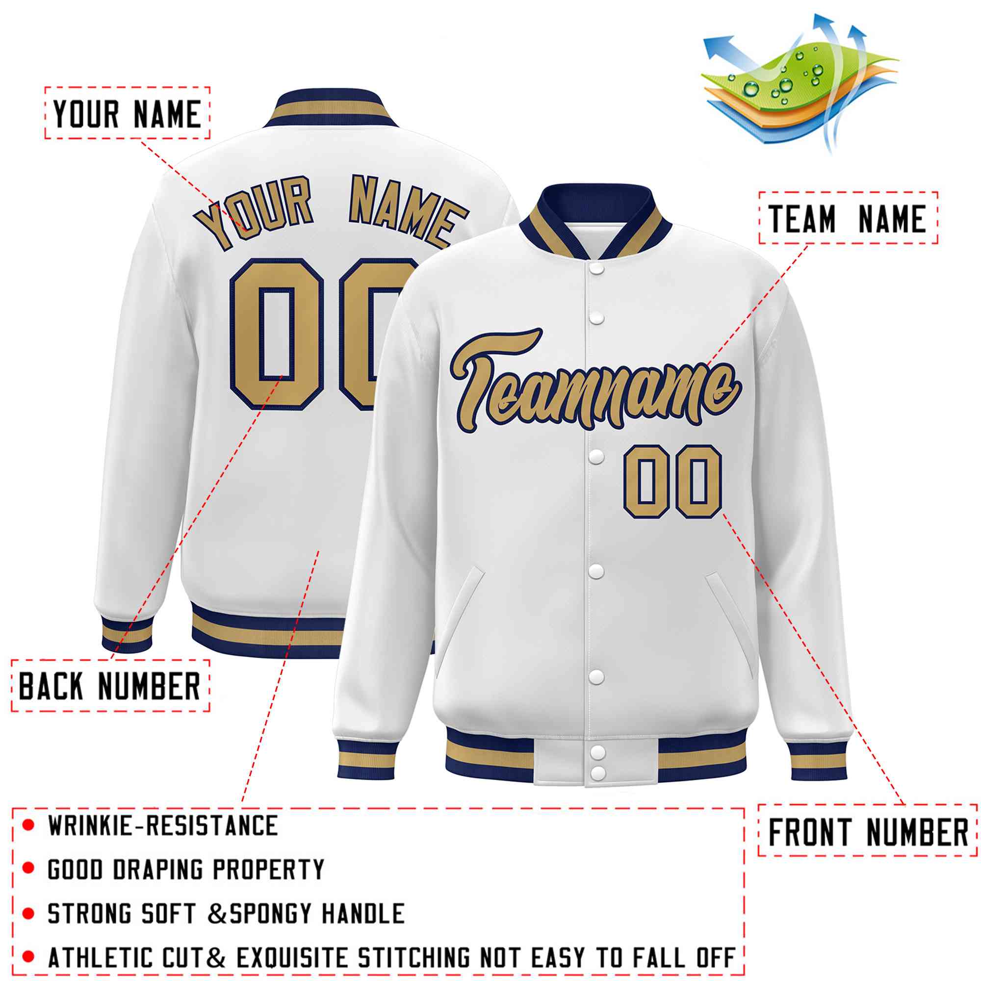 Custom White Old Gold-Navy Classic Style Varsity Full-Snap Letterman Jacket