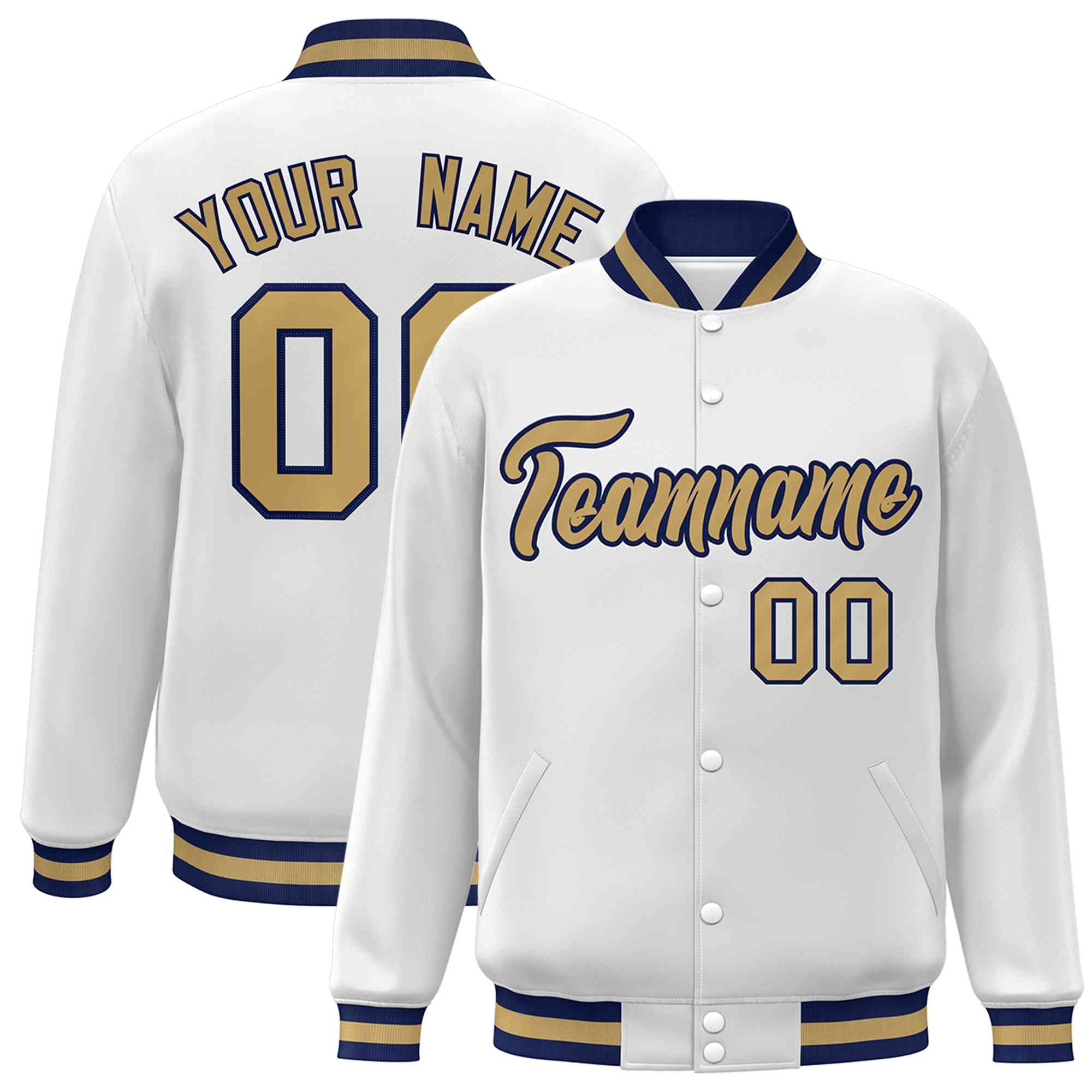 Custom White Old Gold-Navy Classic Style Varsity Full-Snap Letterman Jacket