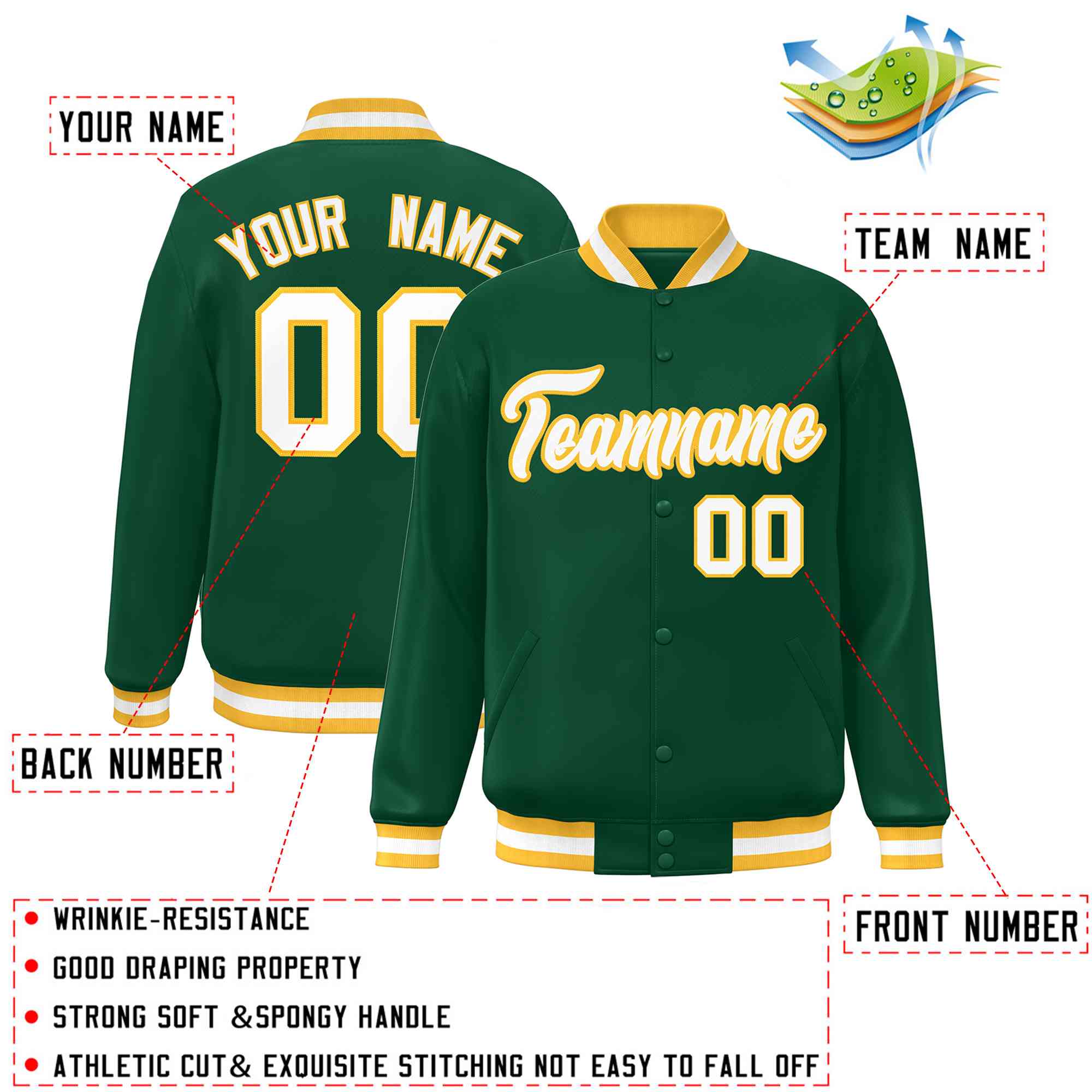 Custom Green White-Gold Classic Style Varsity Full-Snap Letterman Jacket