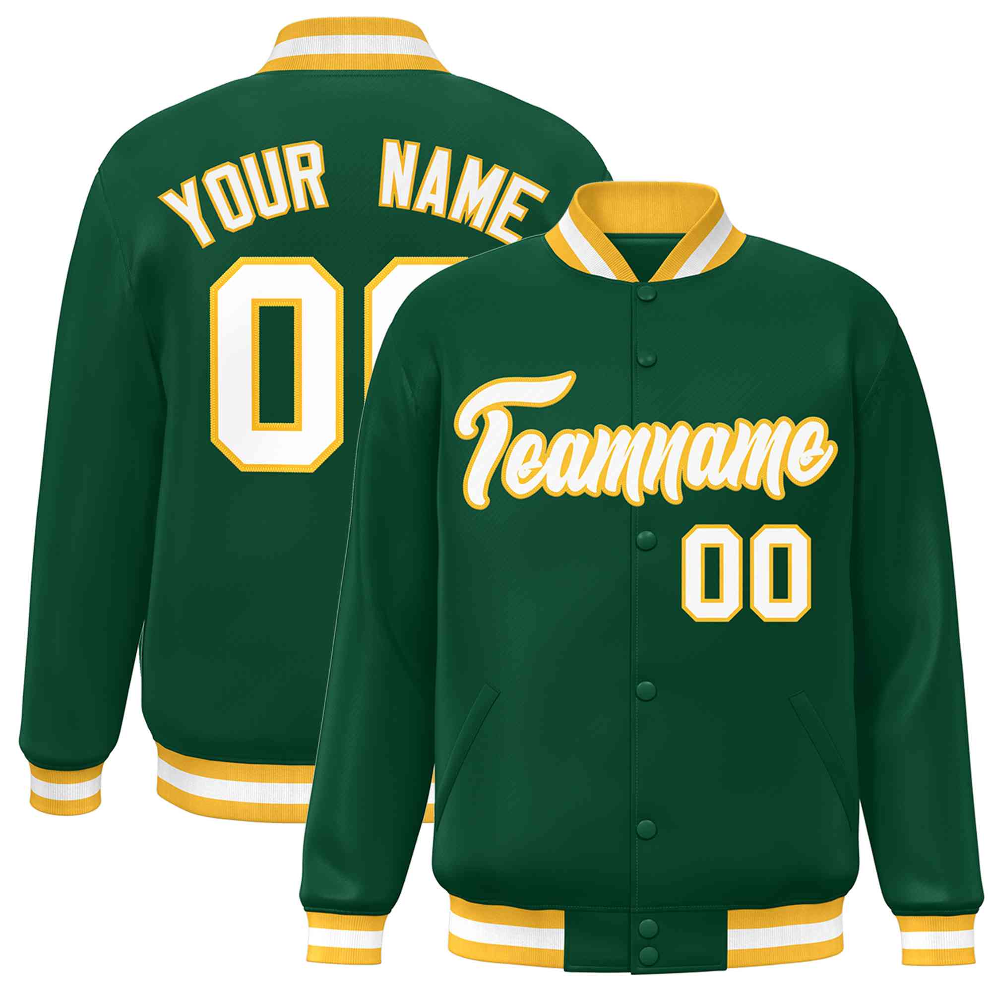 Custom Green White-Gold Classic Style Varsity Full-Snap Letterman Jacket