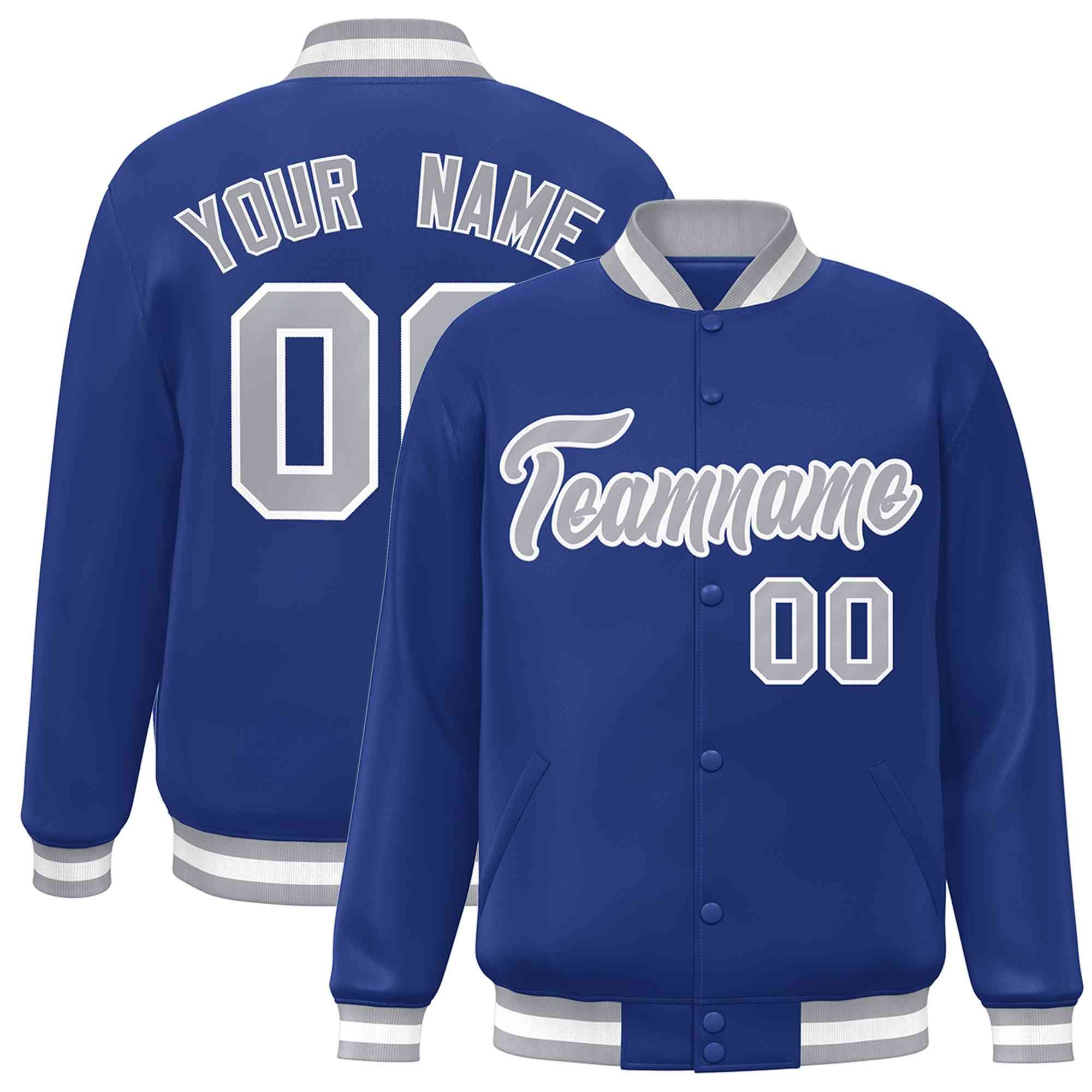 Custom Royal Gray-White Classic Style Varsity Full-Snap Letterman Jacket