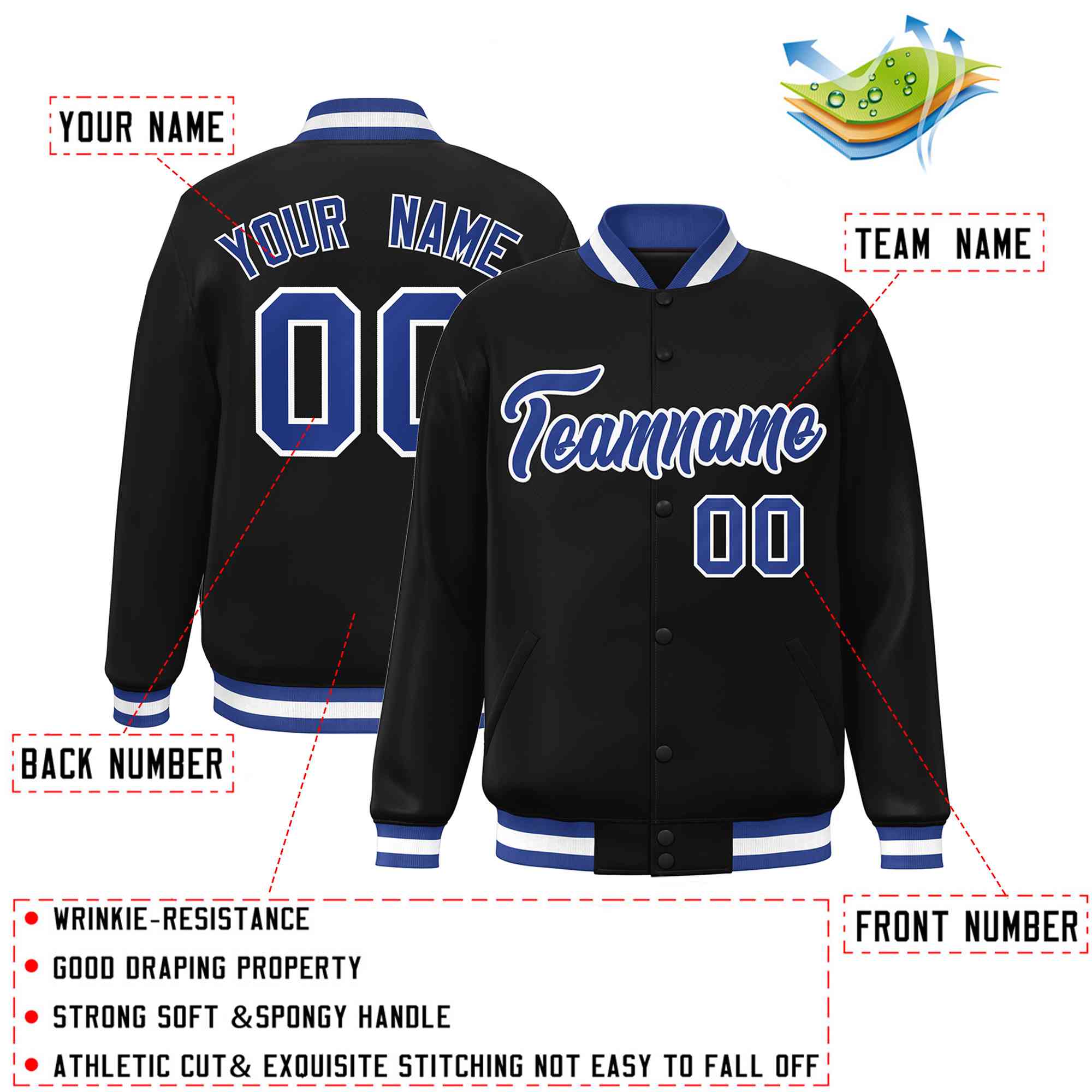 Custom Black Royal-White Classic Style Varsity Full-Snap Letterman Jacket