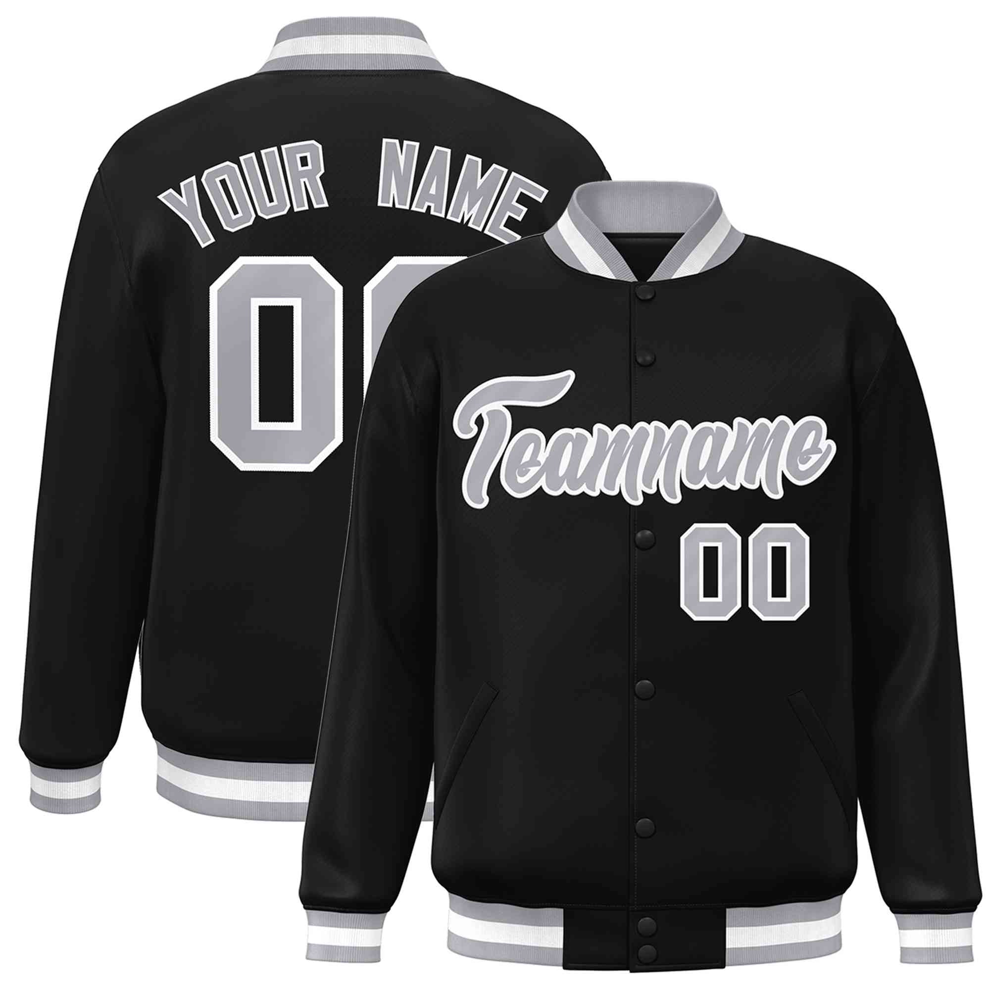 Custom Black Gray-White Classic Style Varsity Full-Snap Letterman Jacket