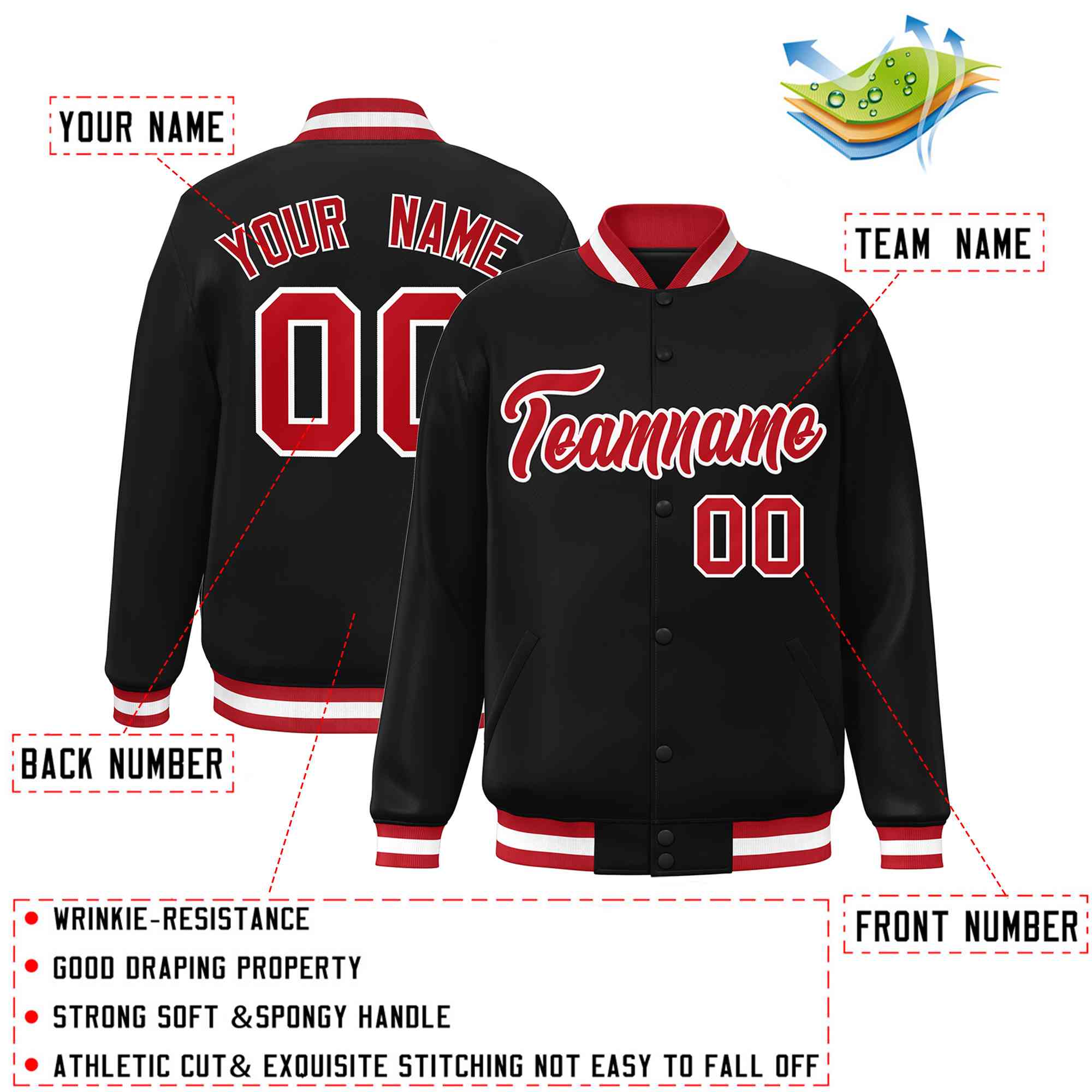 Custom Black Red-White Classic Style Varsity Full-Snap Letterman Jacket