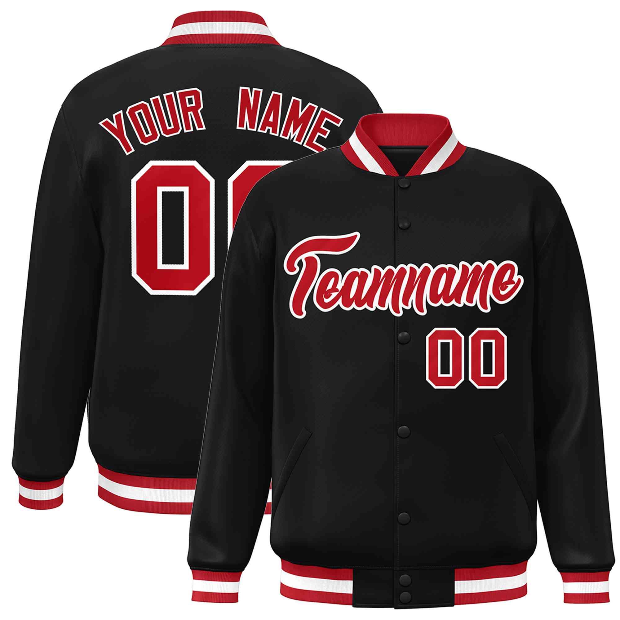 Custom Black Red-White Classic Style Varsity Full-Snap Letterman Jacket