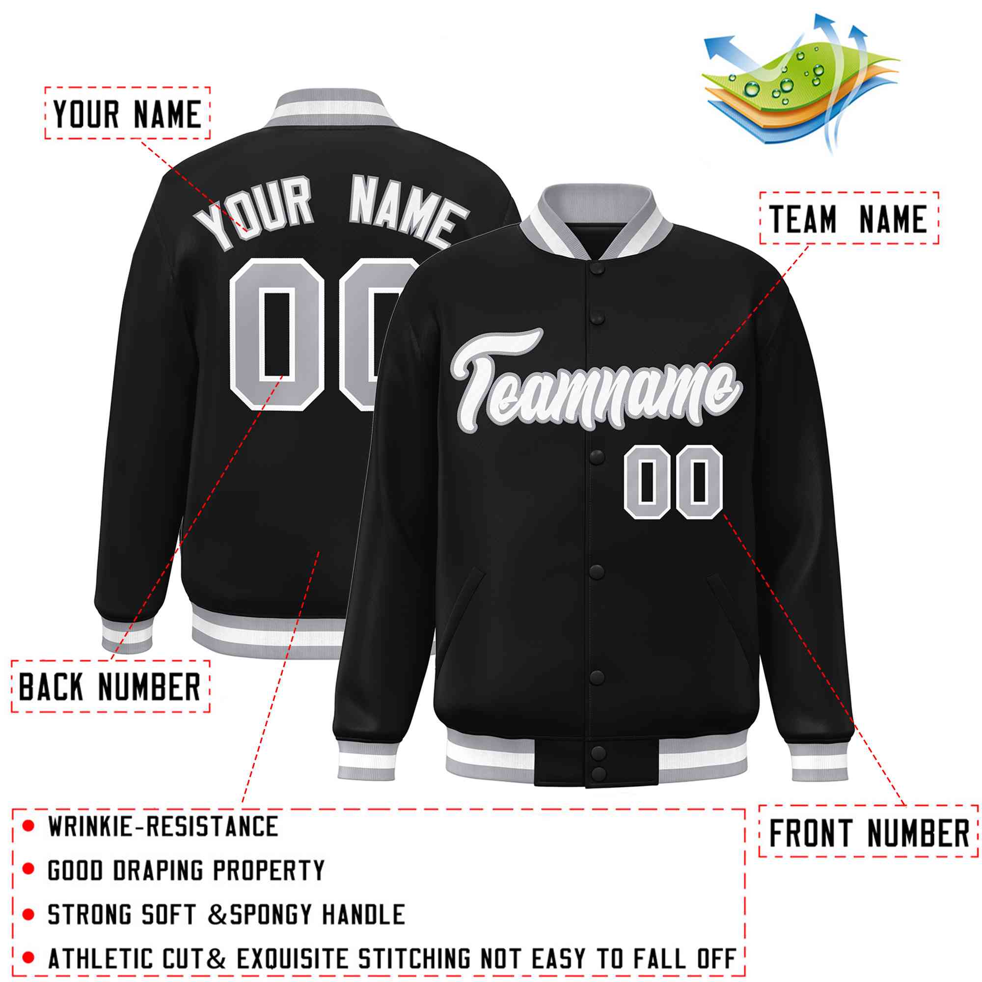 Custom Black White-Gray Classic Style Varsity Full-Snap Letterman Jacket