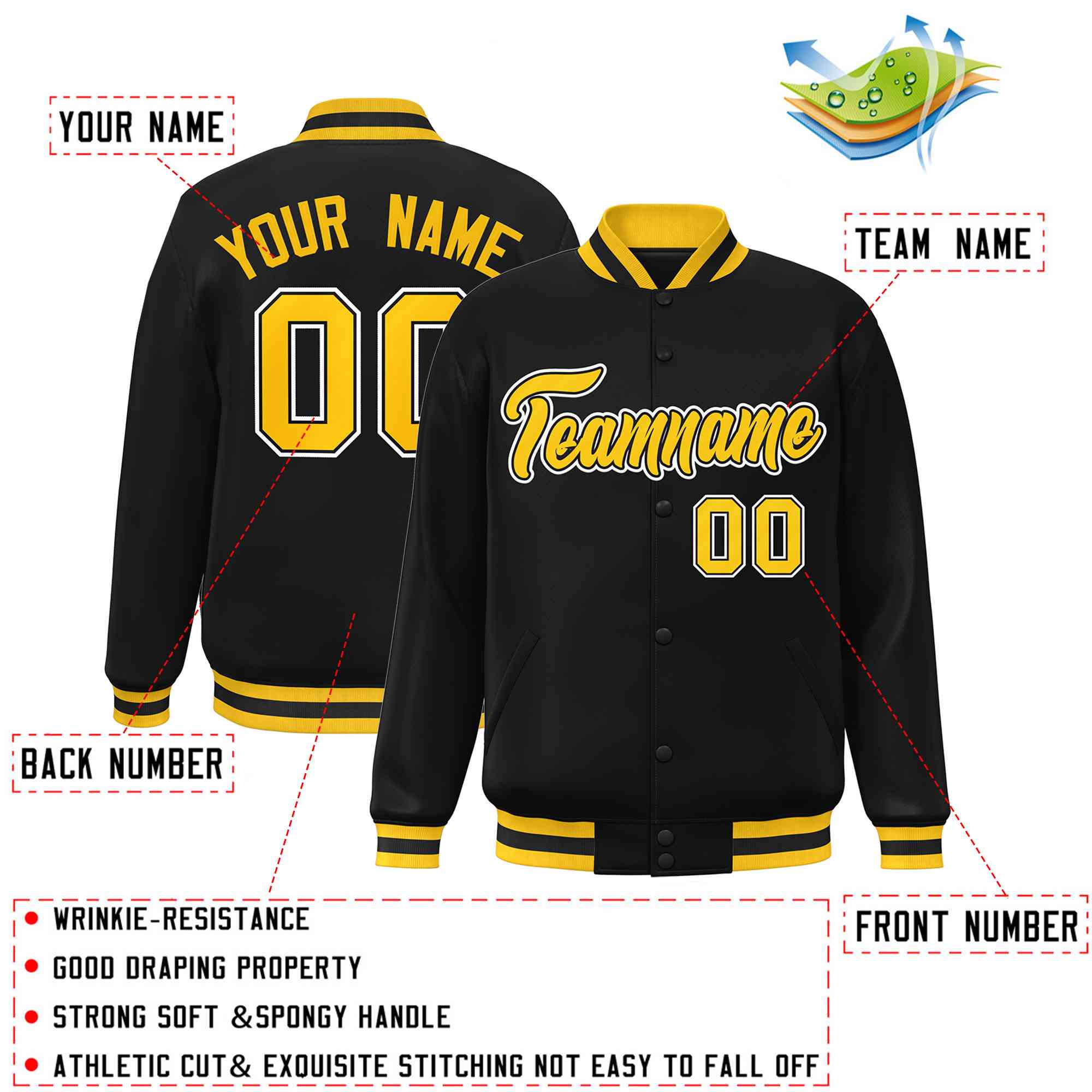 Custom Black Gold-Black Classic Style Varsity Full-Snap Letterman Jacket