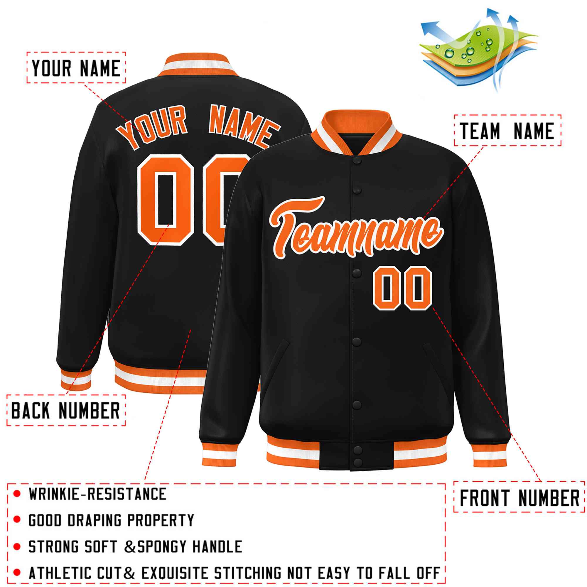 Custom Black Orange-White Classic Style Varsity Full-Snap Letterman Jacket