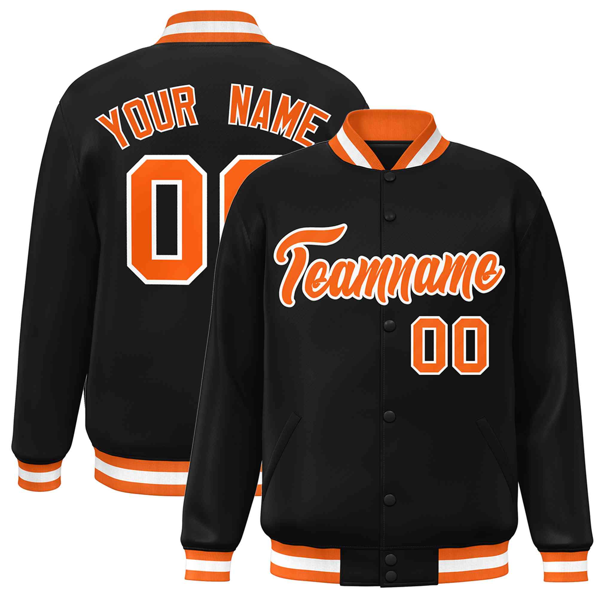 Custom Black Orange-White Classic Style Varsity Full-Snap Letterman Jacket