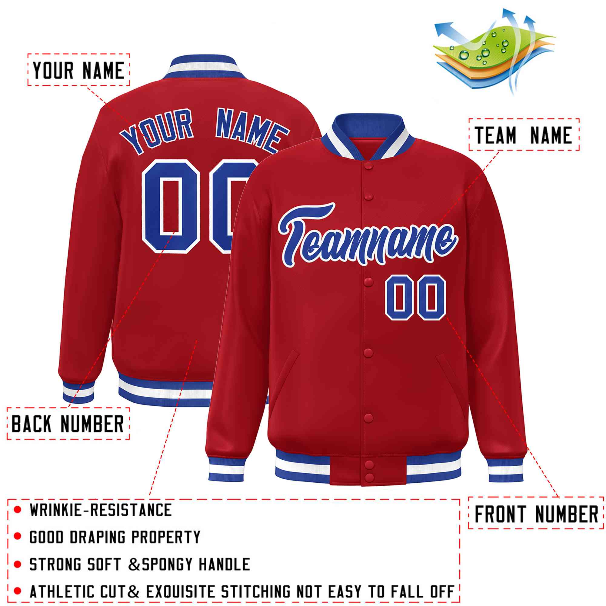 Custom Red Royal-White Classic Style Varsity Full-Snap Letterman Jacket