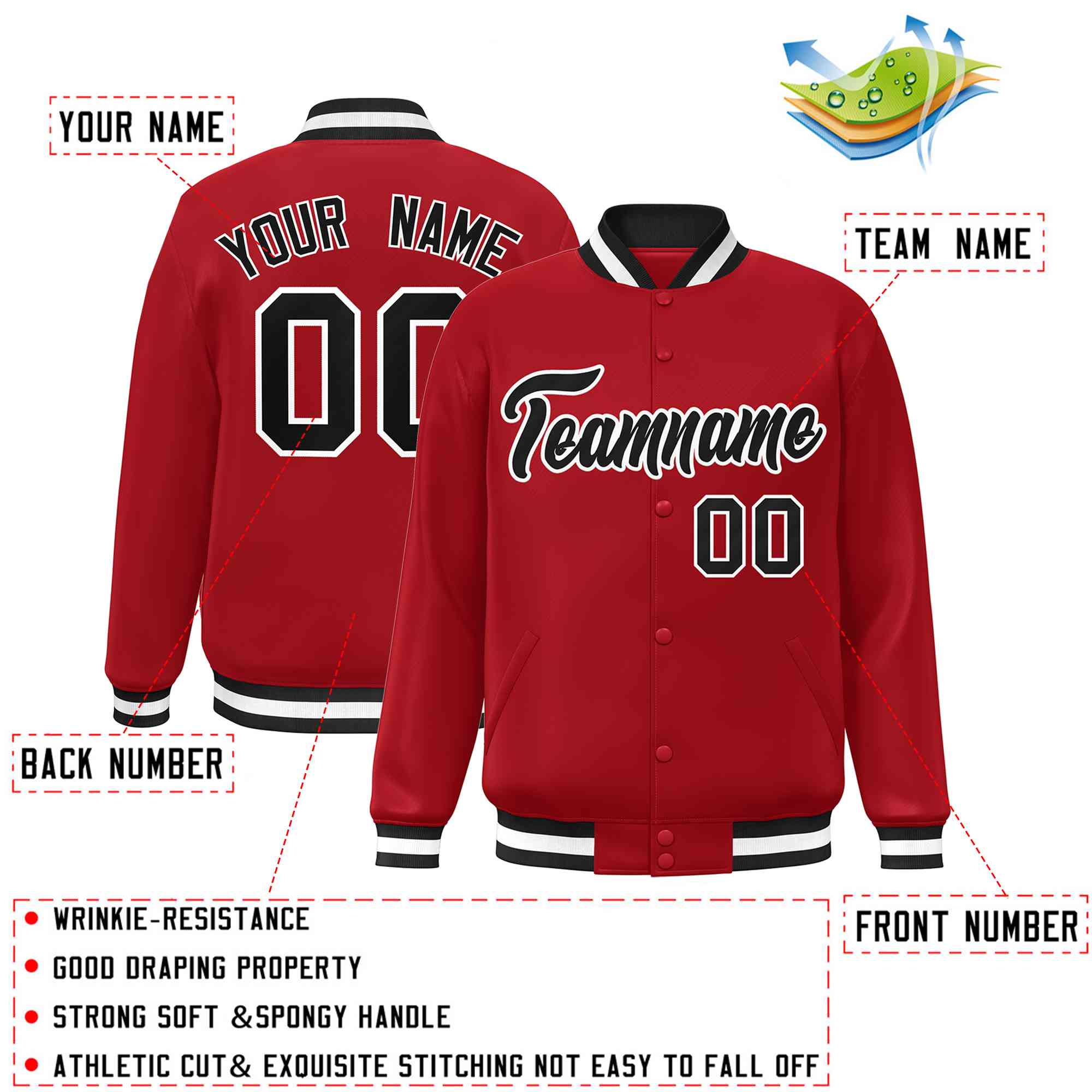 Custom Red Black-White Classic Style Varsity Full-Snap Letterman Jacket