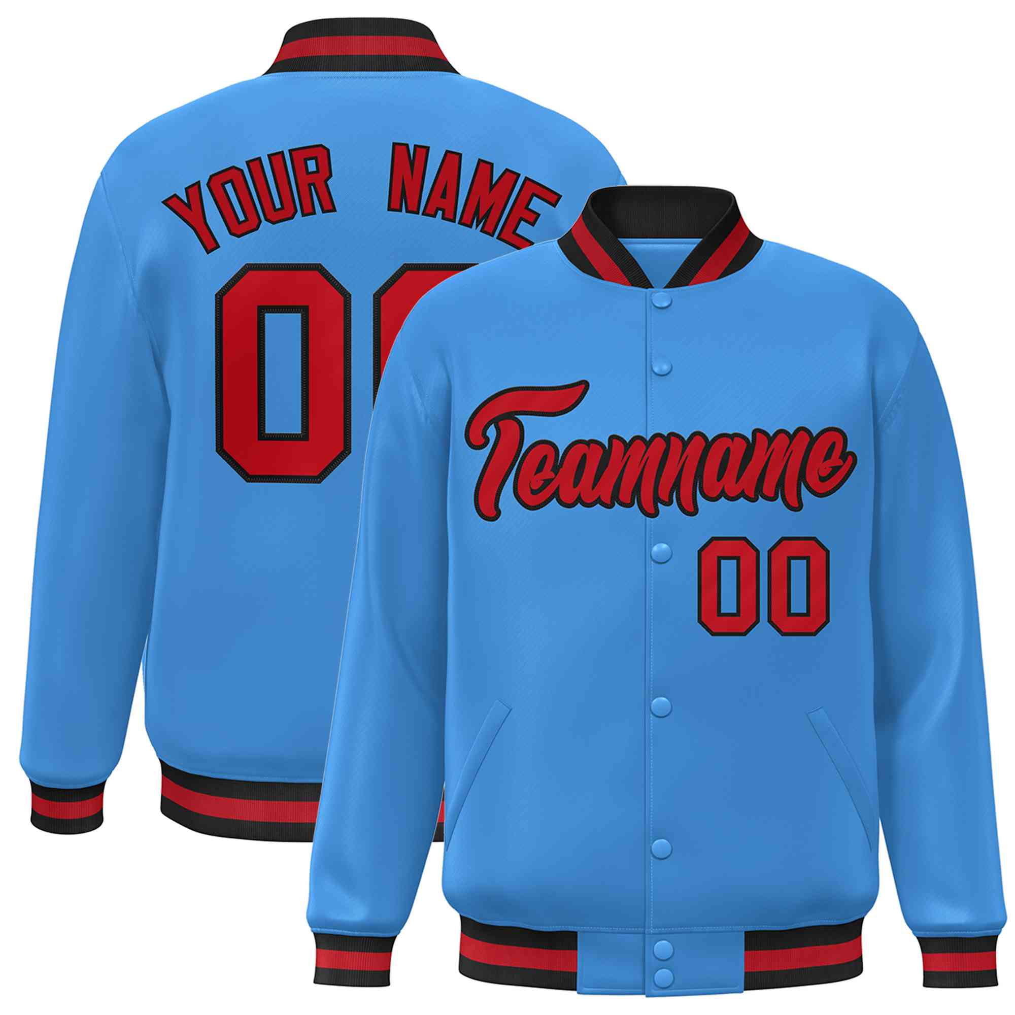 Custom Powder Blue Red-Black Classic Style Varsity Full-Snap Letterman Jacket