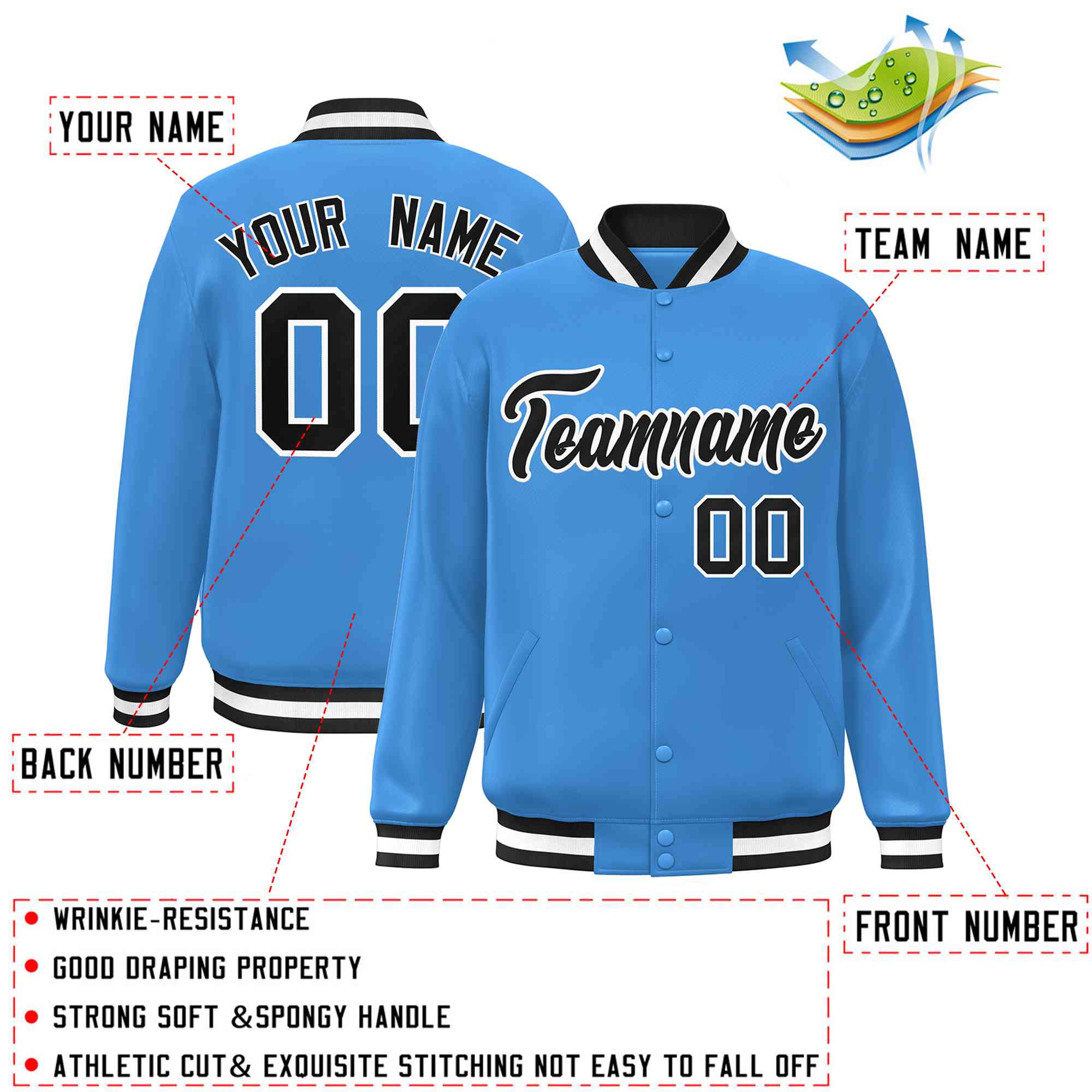 Custom Powder Blue Black-White Classic Style Varsity Full-Snap Letterman Jacket