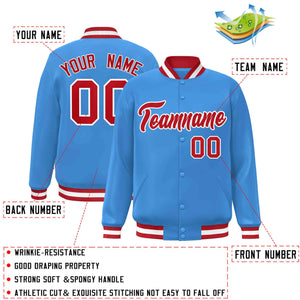 Custom Powder Blue Red-White Classic Style Varsity Full-Snap Letterman Jacket