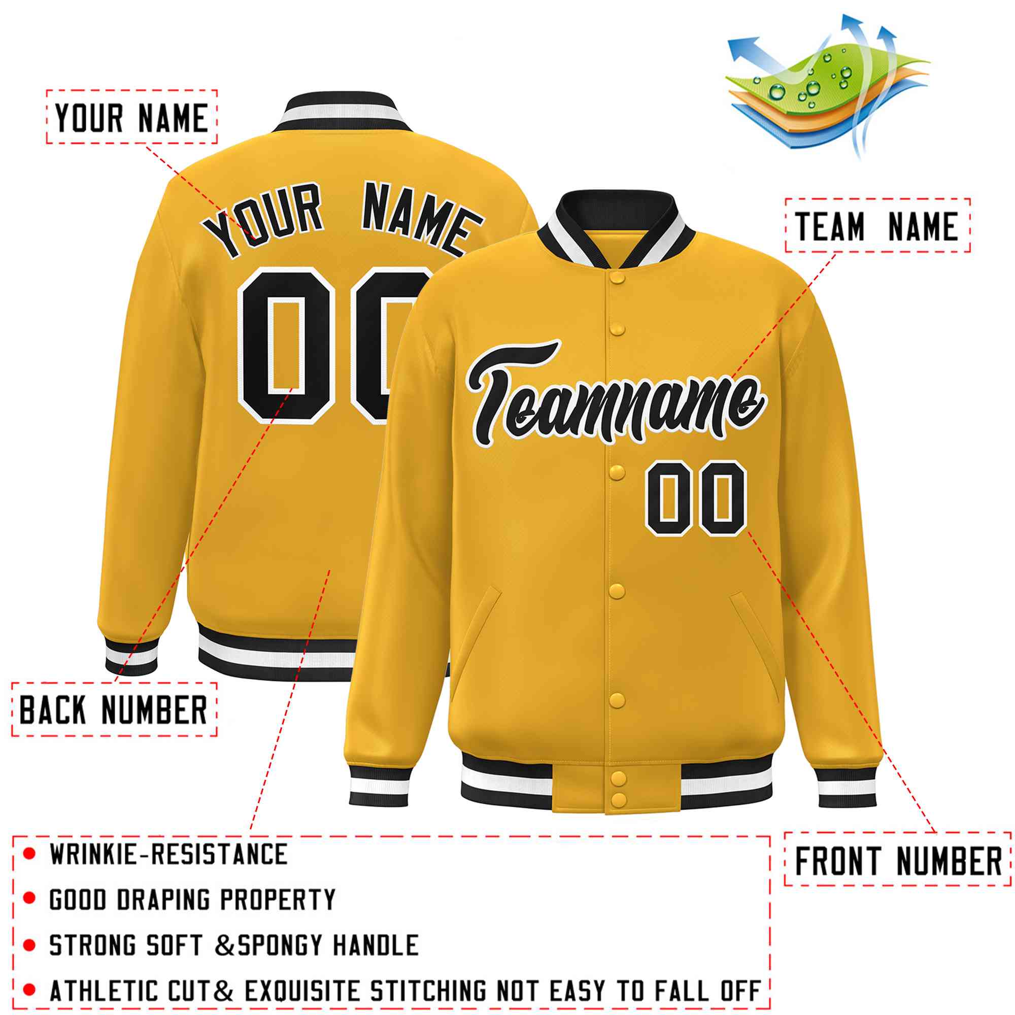 Custom Gold Black-White Classic Style Varsity Full-Snap Letterman Jacket