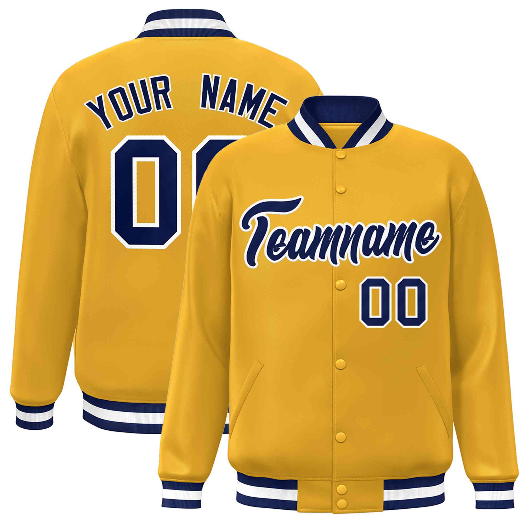 Custom Gold Navy-White Classic Style Varsity Full-Snap Letterman Jacket