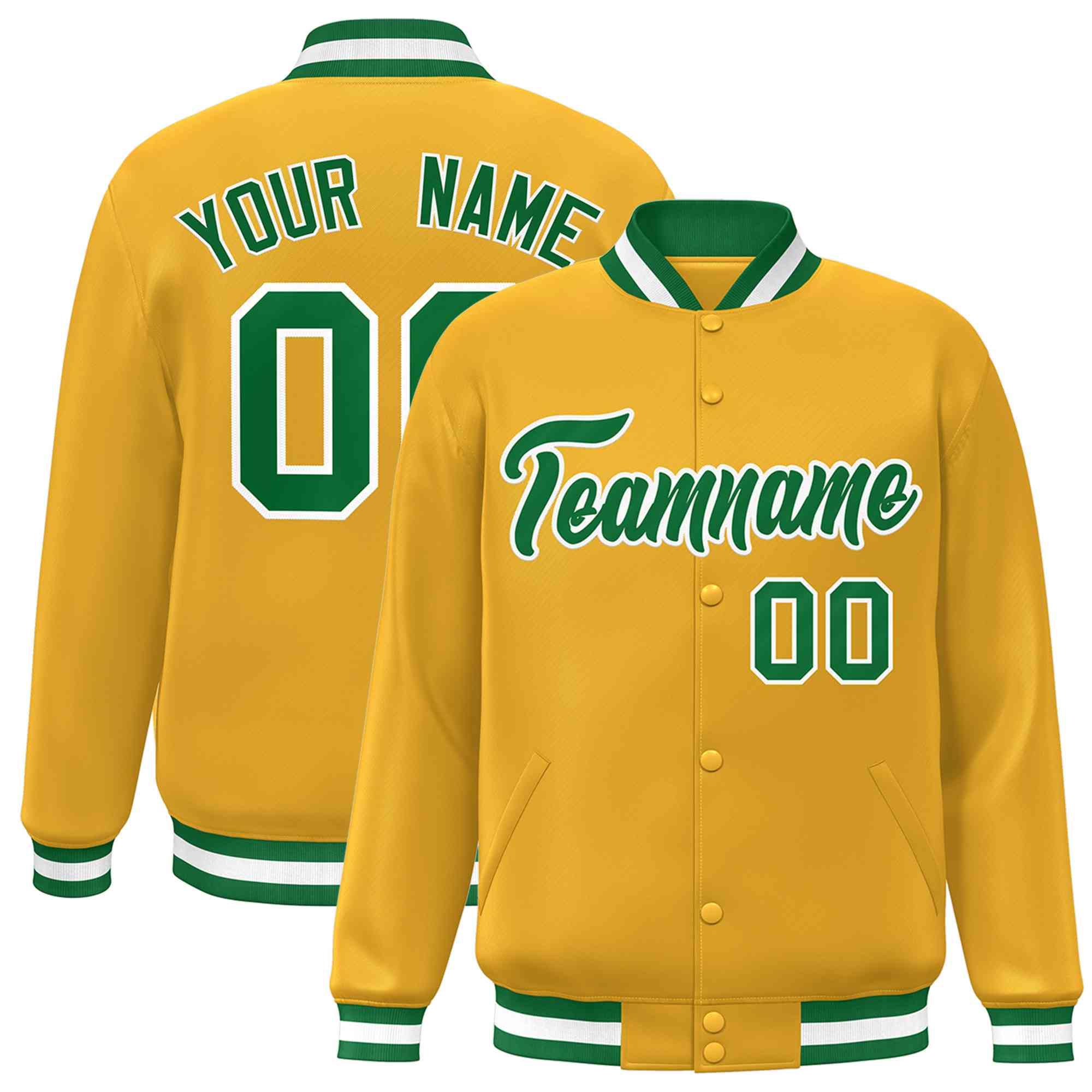 Custom Gold Green-White Classic Style Varsity Full-Snap Letterman Jacket