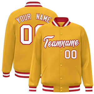 Custom Gold White-Red Classic Style Varsity Full-Snap Letterman Jacket