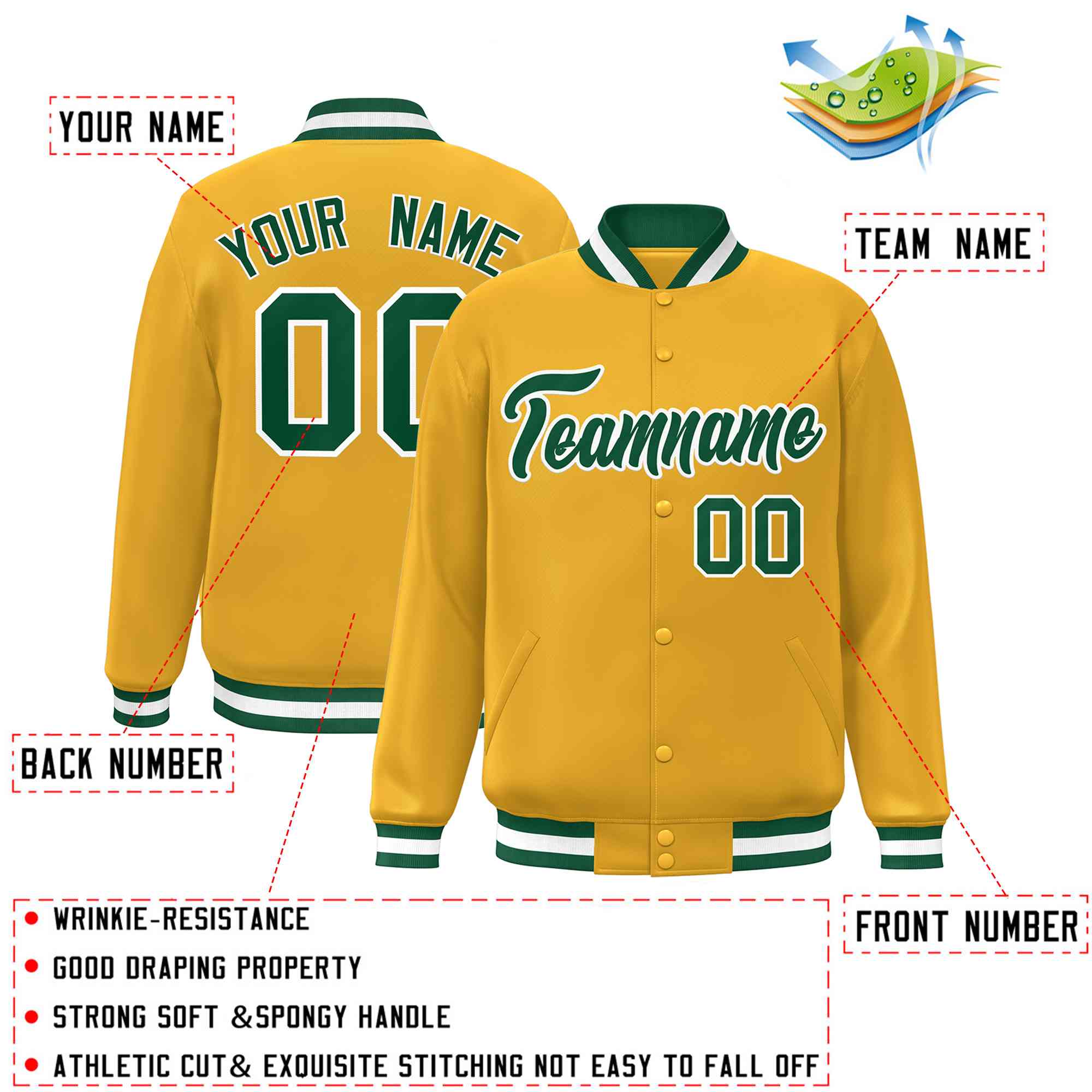 Custom Gold Green-White Classic Style Varsity Full-Snap Letterman Jacket