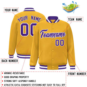 Custom Gold Purple-White Classic Style Varsity Full-Snap Letterman Jacket