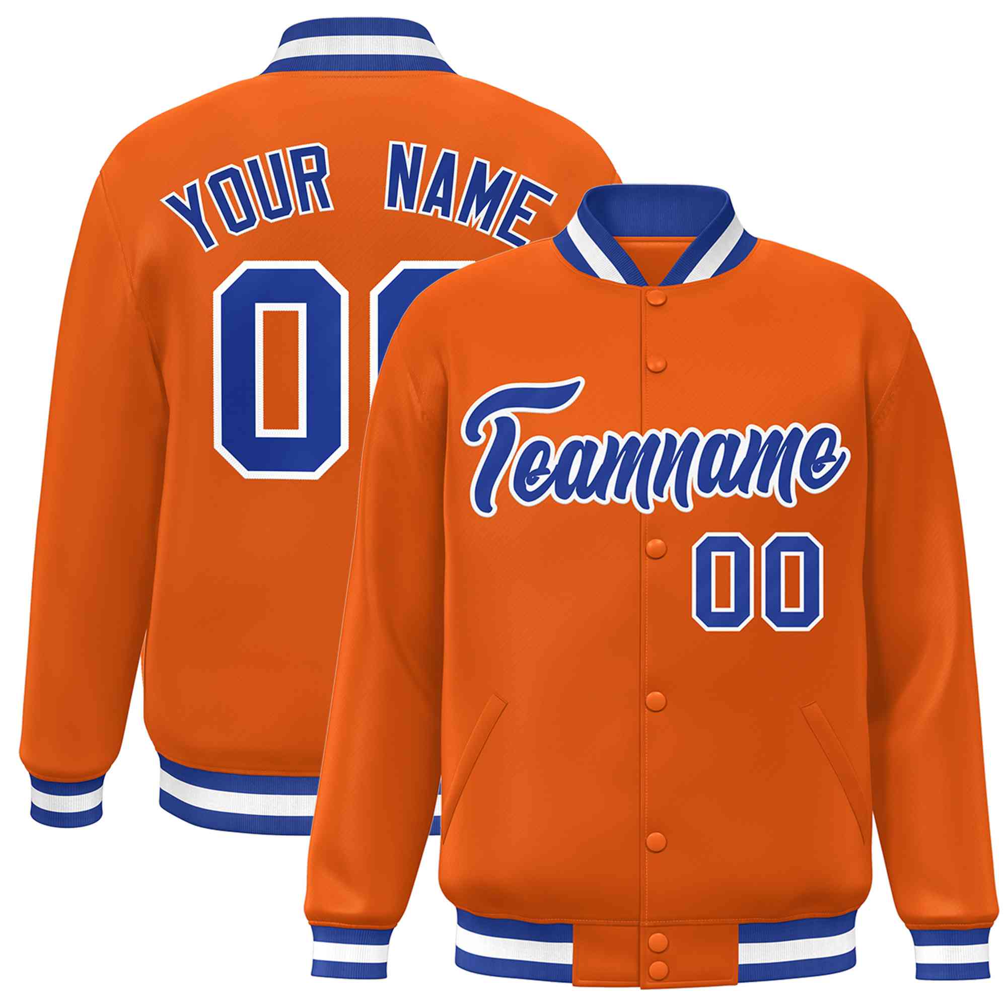 Custom Orange Royal-White Classic Style Varsity Full-Snap Letterman Jacket