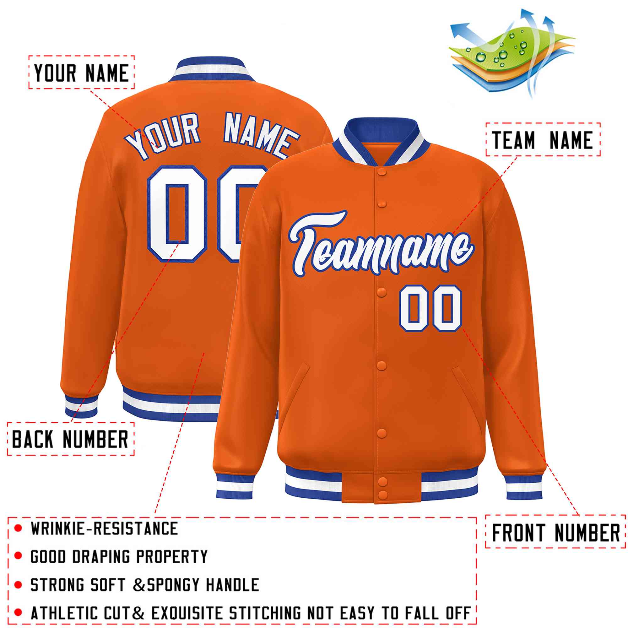 Custom Orange White-Royal Classic Style Varsity Full-Snap Letterman Jacket