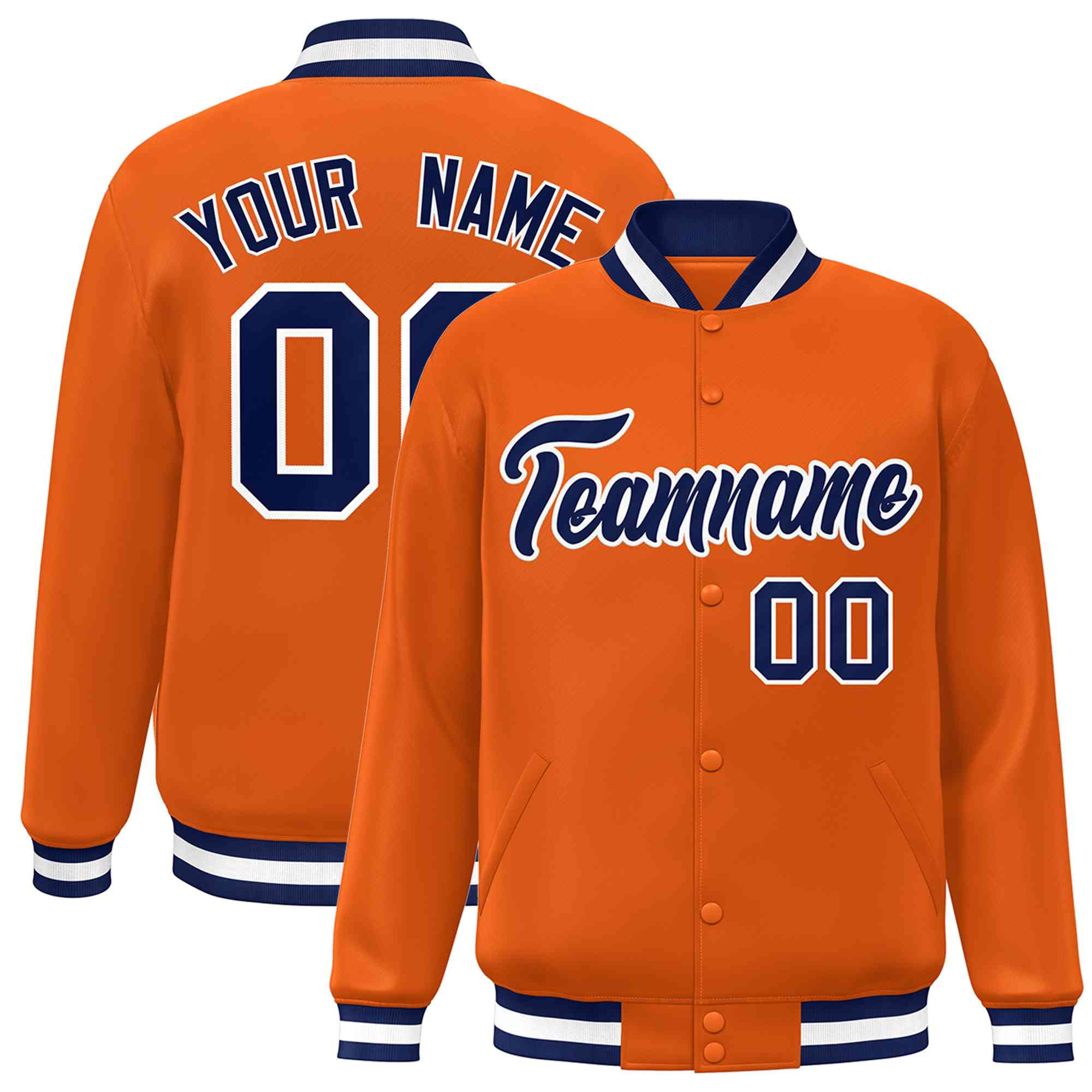 Custom Orange Navy-White Classic Style Varsity Full-Snap Letterman Jacket