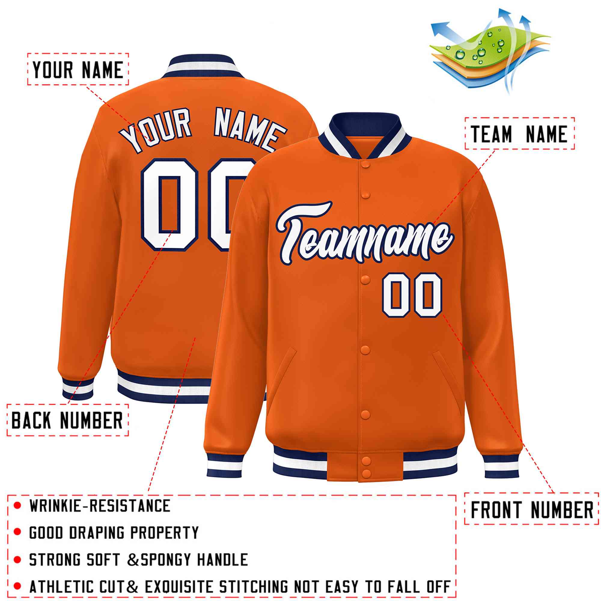 Custom Orange White-Navy Classic Style Varsity Full-Snap Letterman Jacket